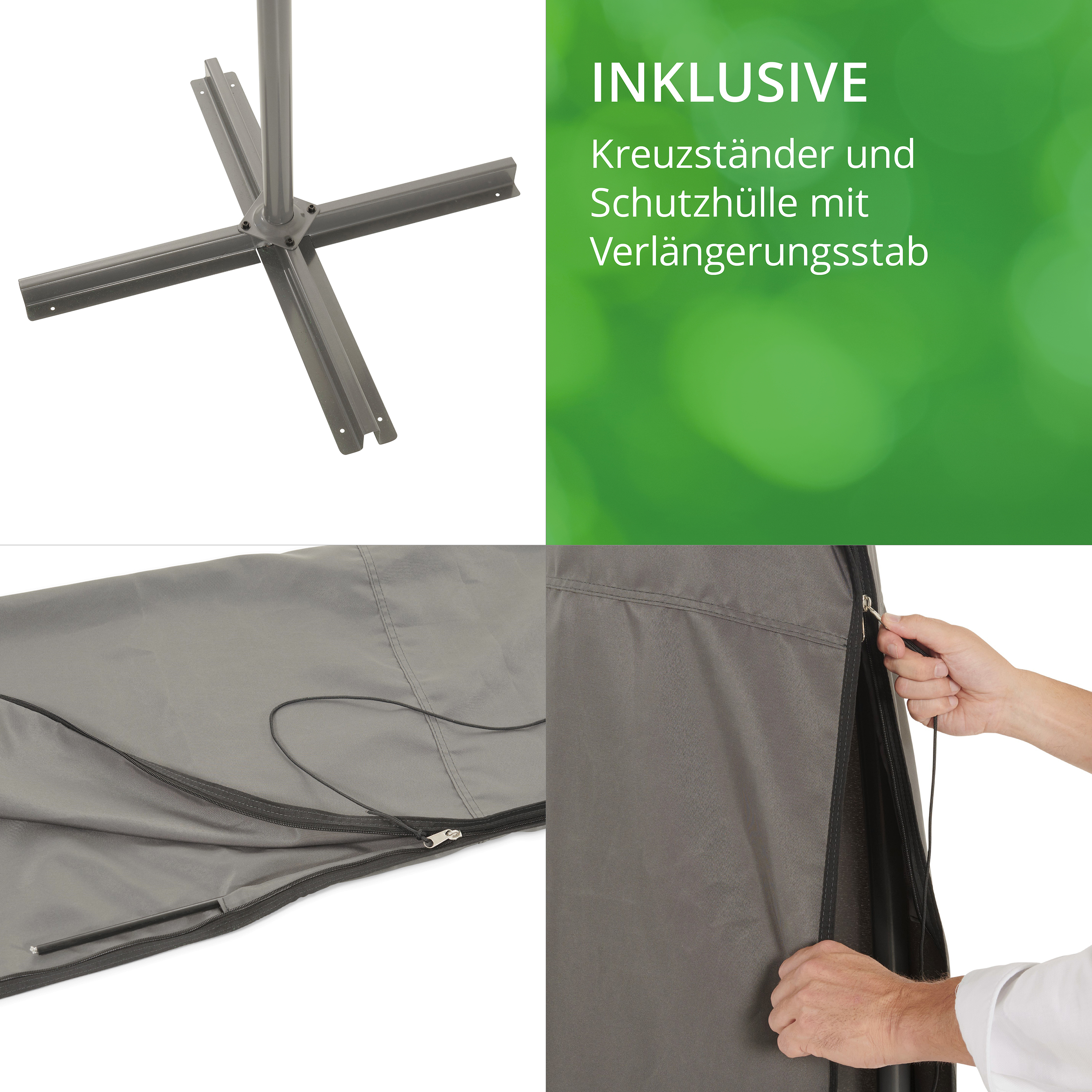 Kreuzständer mit Schutzabdeckung, verlängerter Stab, geöffnete Reißverschlussabdeckung, Hand hält Verschluss.