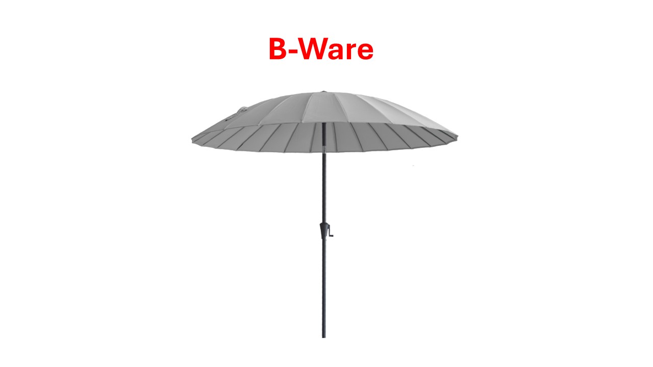 Grauer Sonnenschirm mit rundem Stoffdach und schwarzem Metallgestell, darüber roter Text 'B-Ware'.