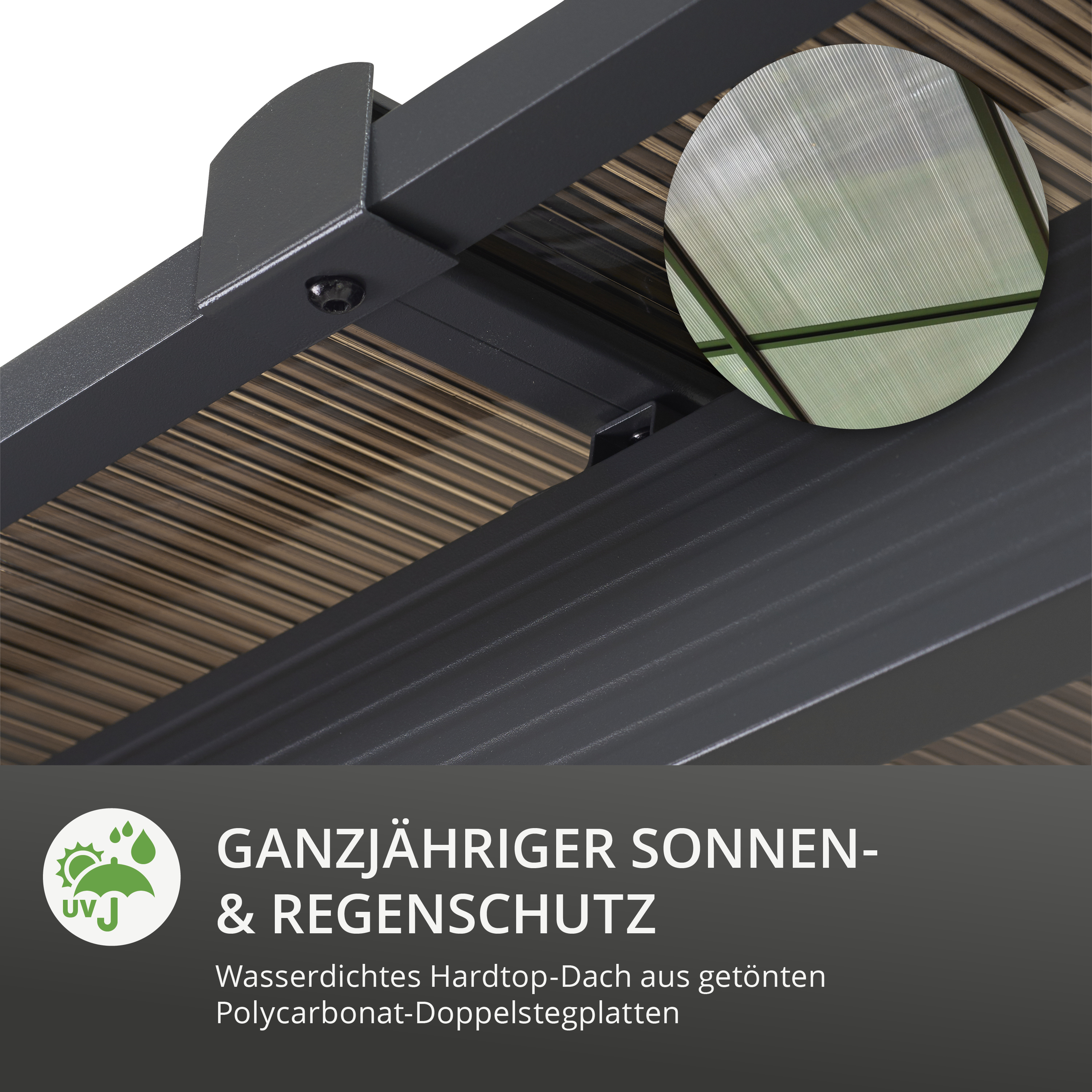 Dachkonstruktion mit wasserdichtem Polycarbonat-Doppelstegplatten, Text: Ganzjähriger Sonnen- und Regenschutz.