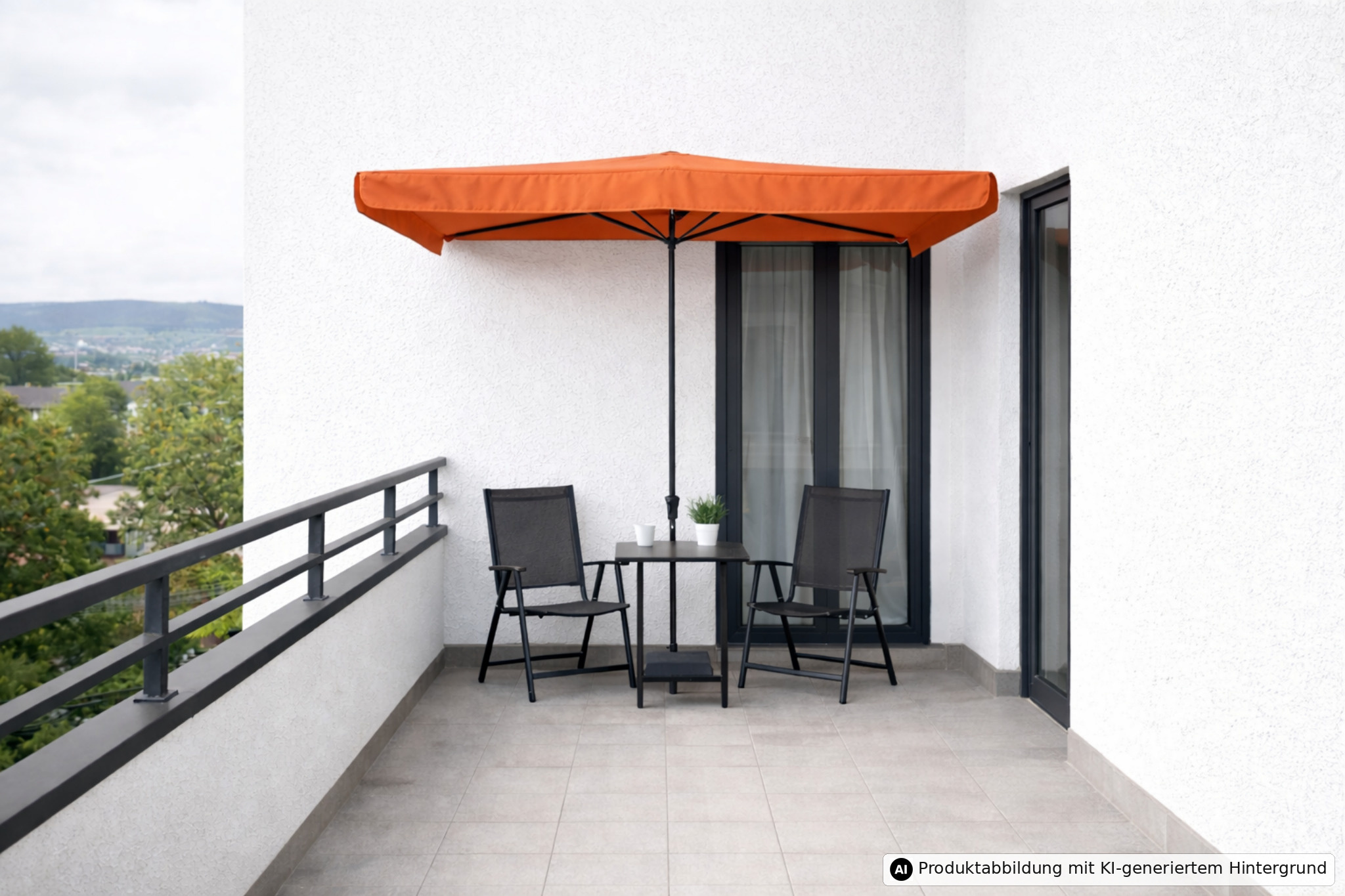 Balkon mit orangenem Sonnenschirm, zwei schwarzen Stühlen und einem kleinen Tisch mit Pflanzen.