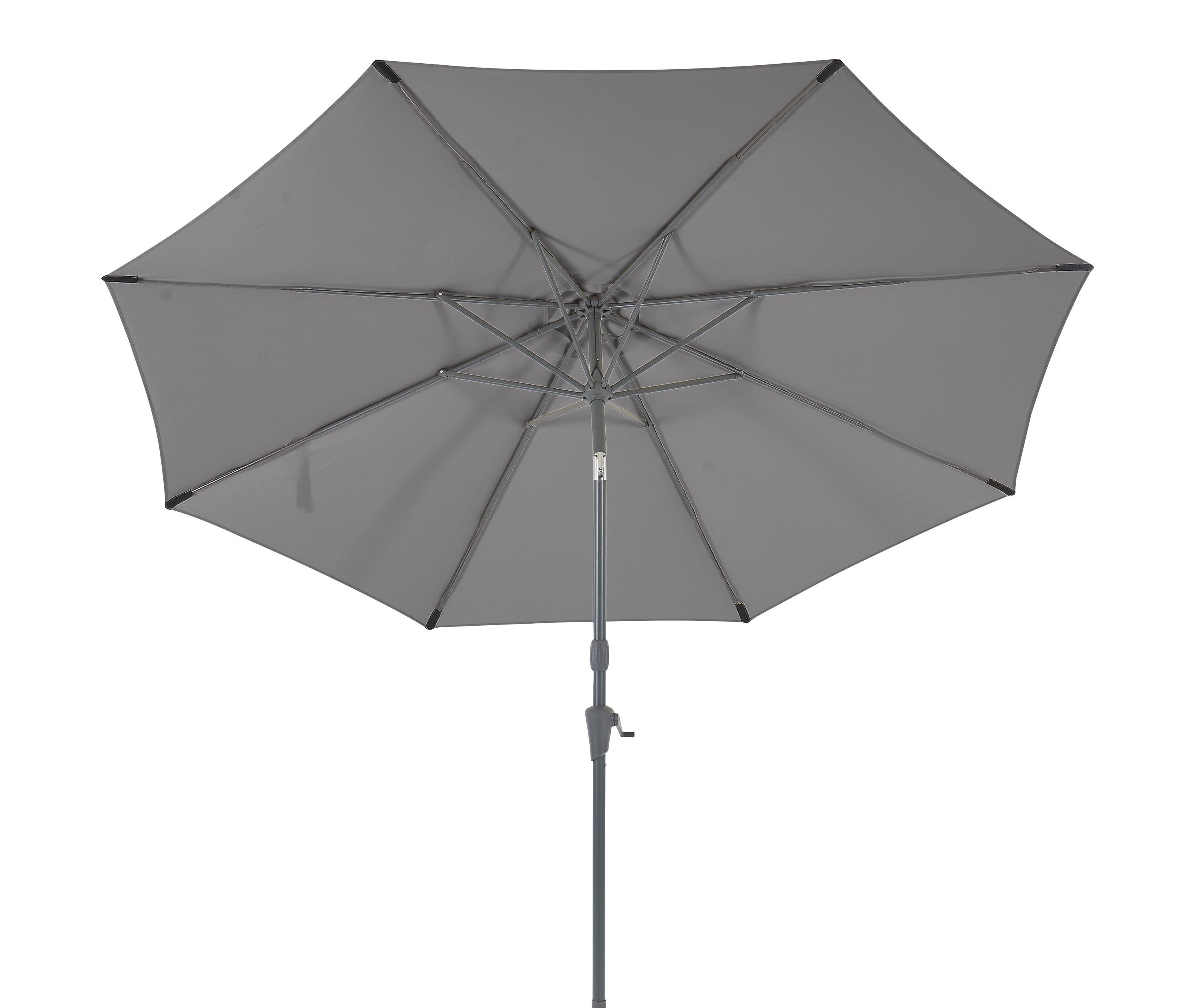 Grauer Sonnenschirm mit Metallstange und Kurbelmechanismus, geöffnet.