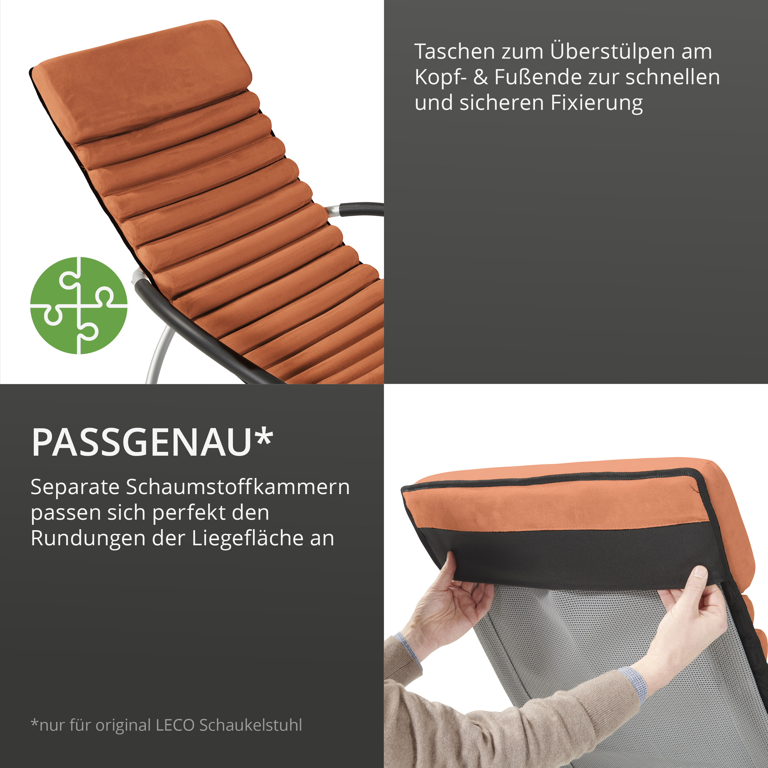 Polsterauflage mit Taschen zur Fixierung. Schaumstoffkammern passen sich den Rundungen eines Schaukelstuhls an.