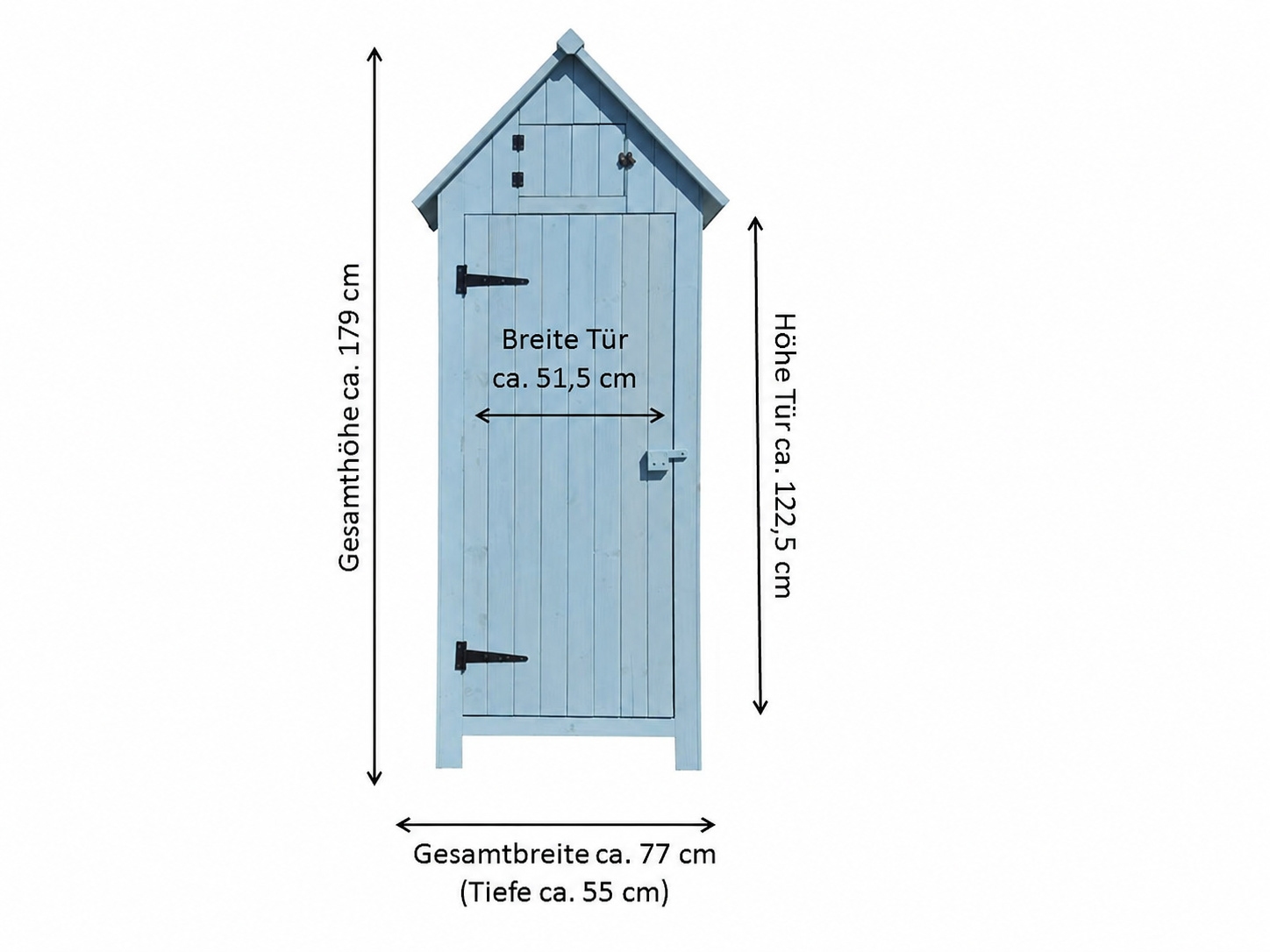 Holzschrank mit spitzem Dach, Höhe 179 cm, Breite 77 cm, Tiefe 55 cm, Türhöhe 122,5 cm, Türbreite 51,5 cm.