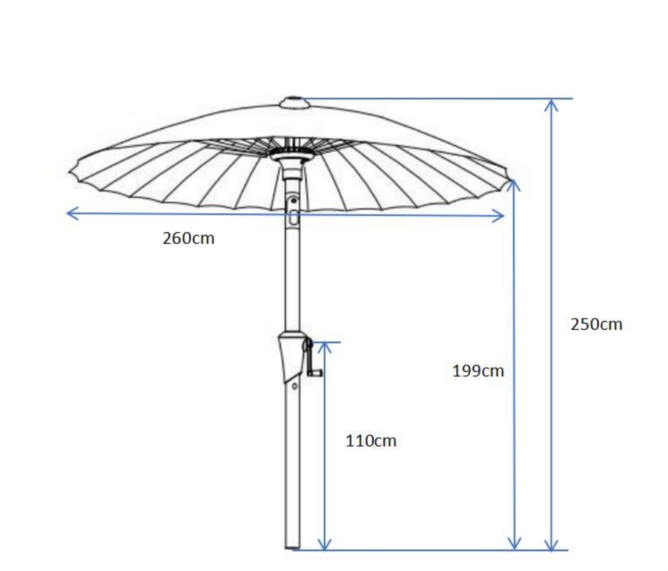 Skizze eines Sonnenschirms mit Maßen: Höhe 250cm, Durchmesser 260cm, Stange 199cm, Griffhöhe 110cm.
