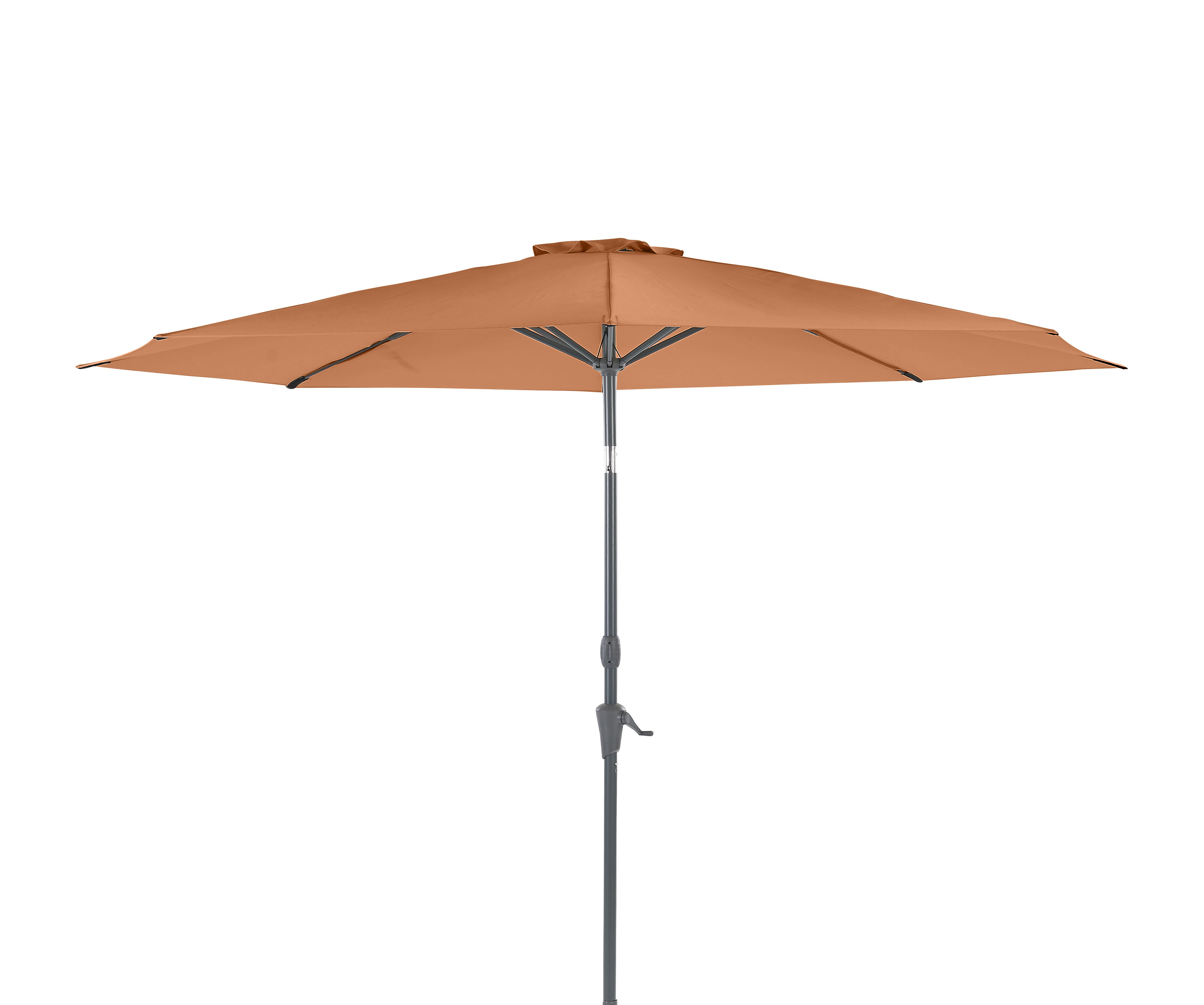 Marktsschirm Ø3m, Anthrazit orange mit Windschutz und Abknickfunktion Brauner Gartenschirm mit Kurbelmechanismus auf einem grauen Ständer.