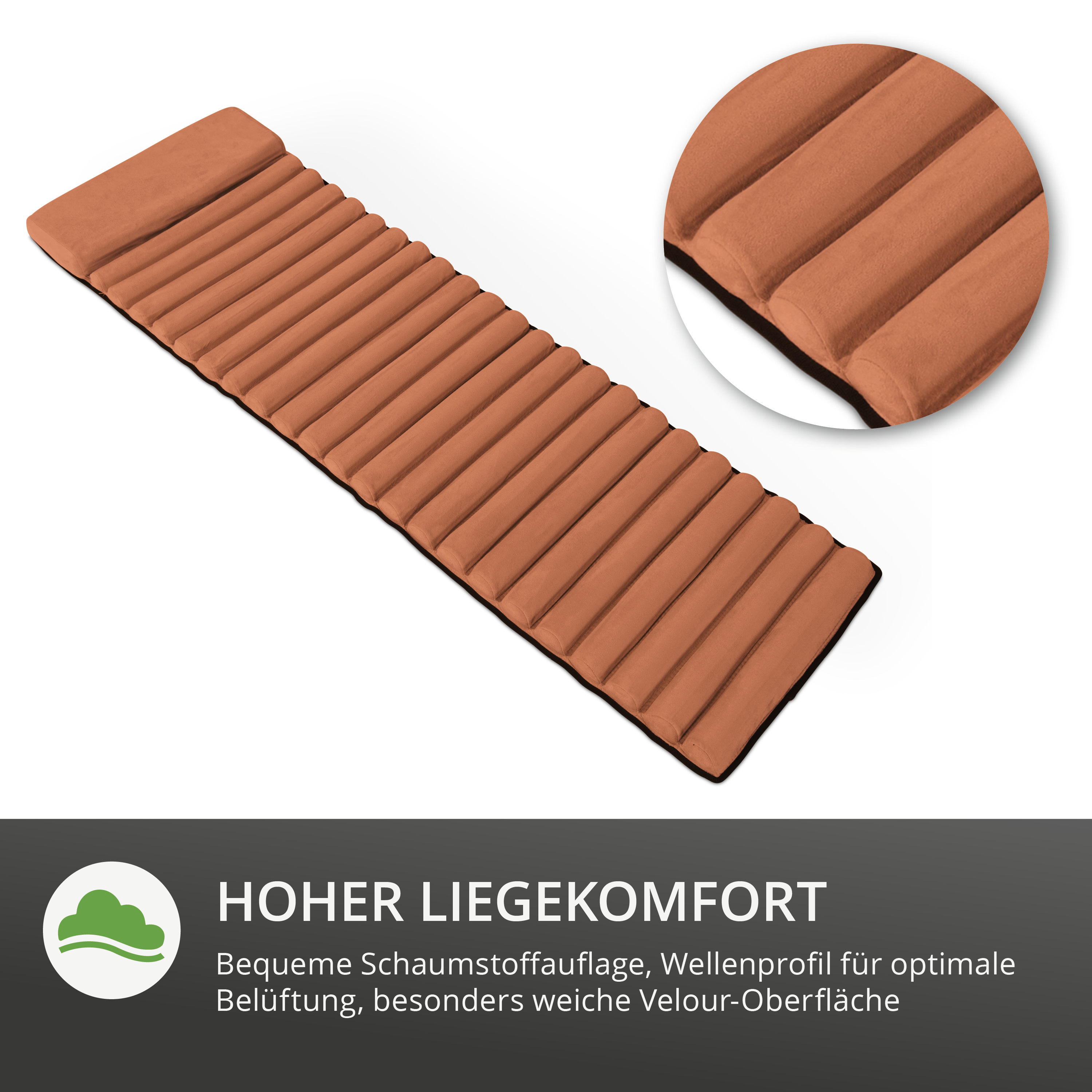 Braune Matratzenauflage mit Wellenprofil und weicher Velours-Oberfläche für hohen Liegekomfort.