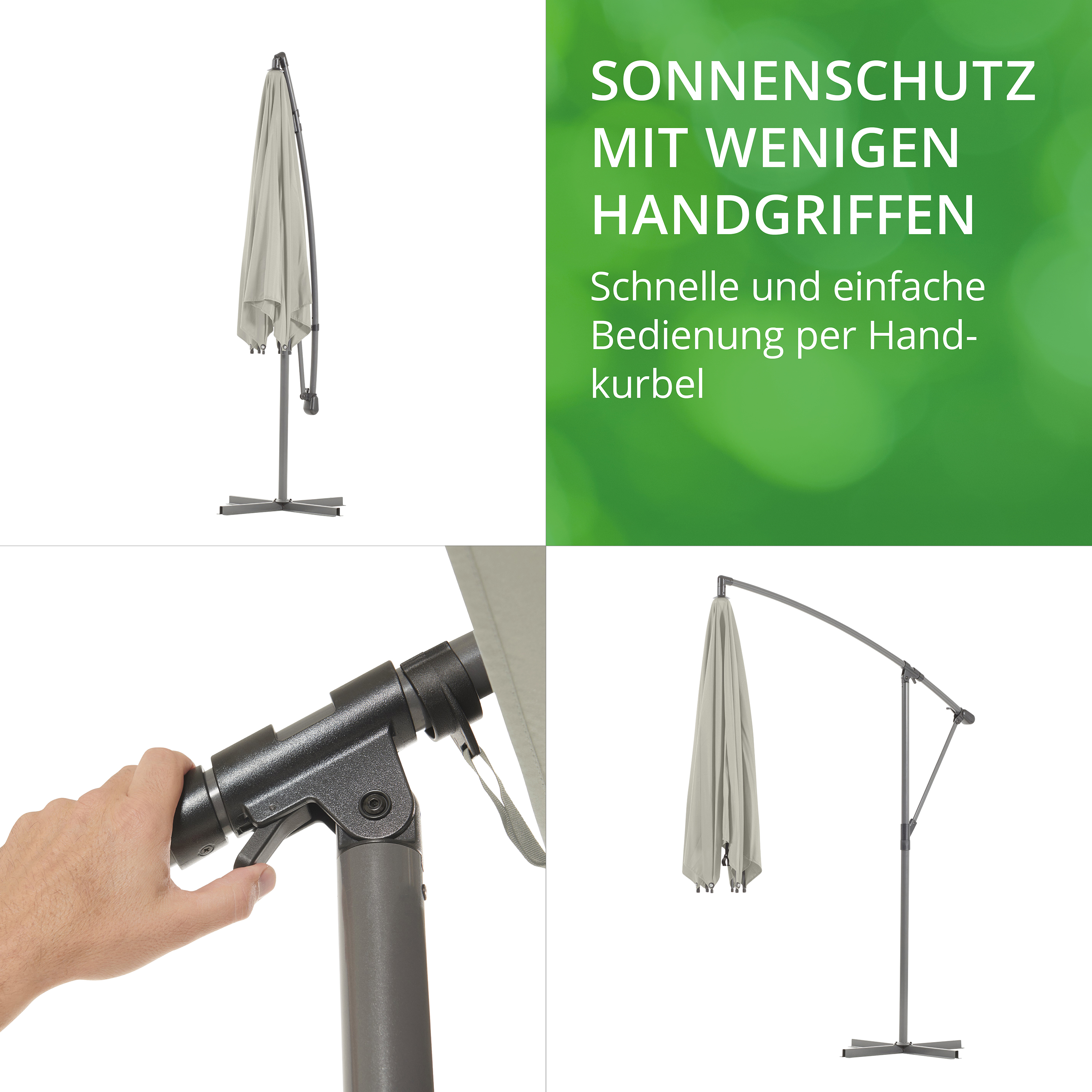 Ampelschirm mit Kurbel zum einfachen Öffnen. Text: Sonnenschutz mit wenigen Handgriffen, schnelle Bedienung per Handkurbel.