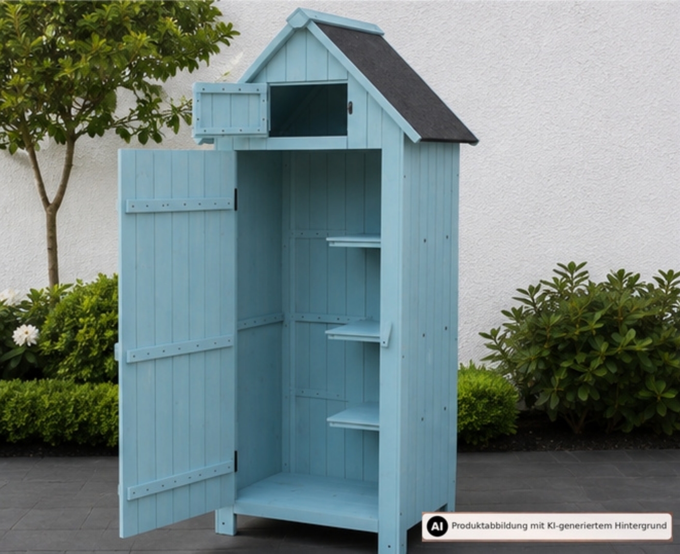 Offener blauer Gartenschrank mit zwei Regalen und Schublade, steht in einem Garten auf gepflastertem Boden.