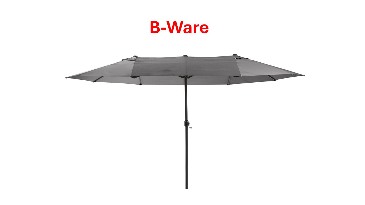 Oval-Schirm 4,6x2,7 m anthrazit B-WARE Aluminium-/Stahlrohrgestell Grauer Sonnenschirm mit runder Form und mittigem Ständer, markiert als B-Ware.