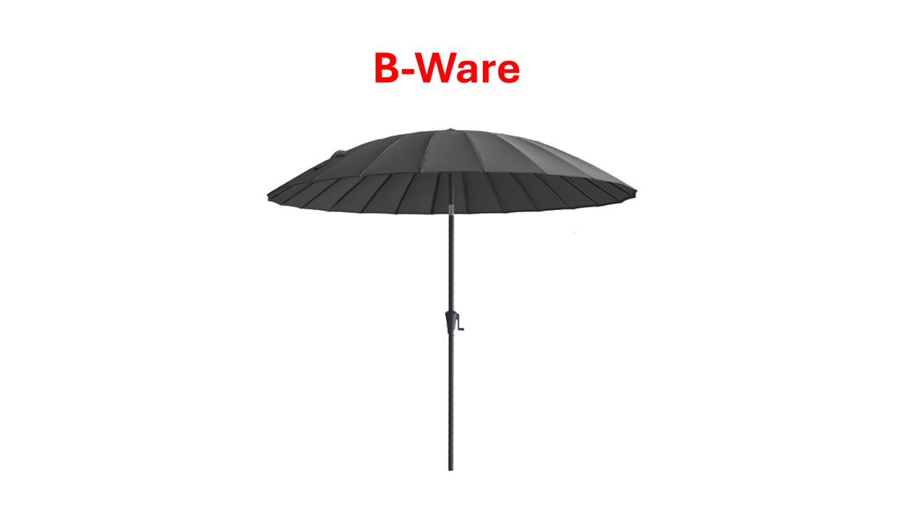 Schwarzer Sonnenschirm mit Mittelstange, darüber roter Text B-Ware.