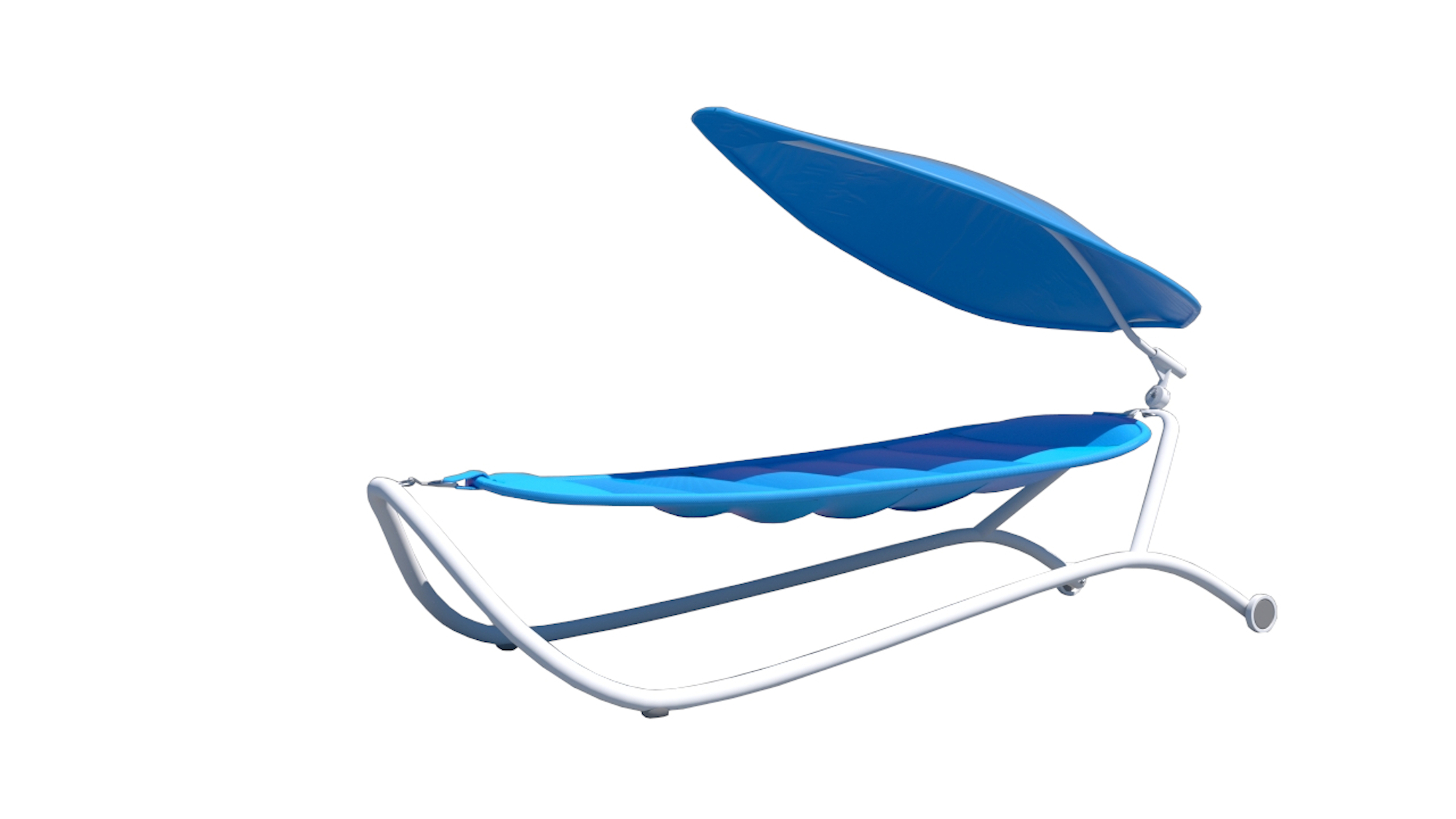 Luxus-Hängematte GLORIA blau mit Stahlrohrgestell weiß Blaue Liege mit weißem Gestell und verstellbarem Sonnenschutz.