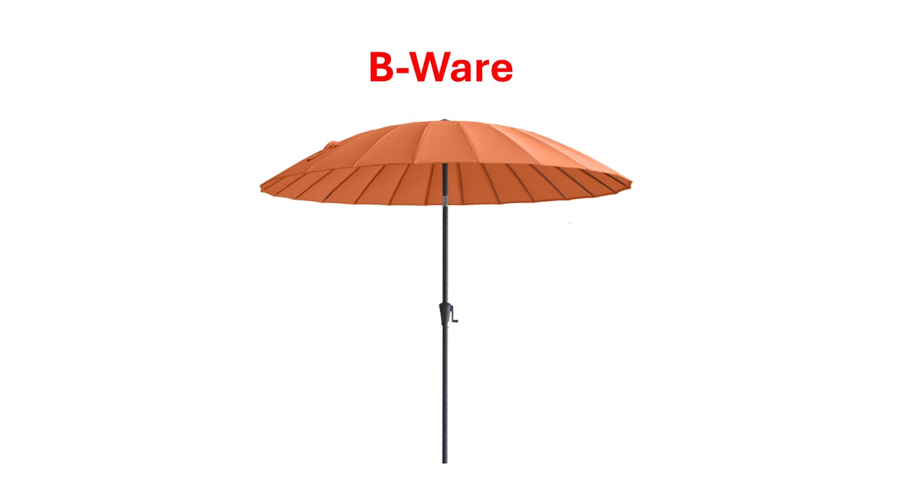 Oranger Sonnenschirm mit schwarzem Ständer beschriftet als B-Ware auf weißem Hintergrund.