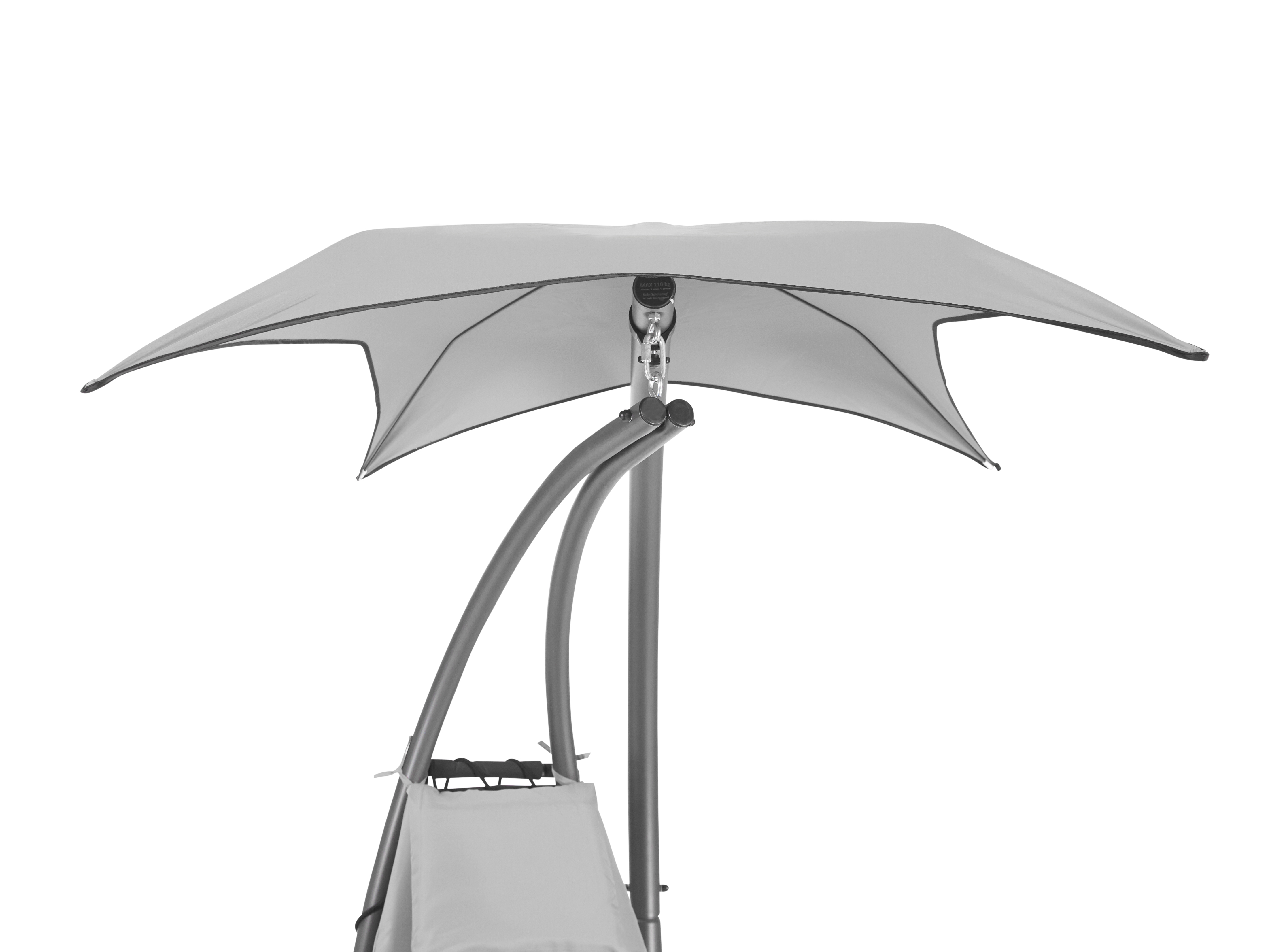 Freischwingendes Sonnendach aus Stoff auf gebogenem Metallgestell. Oberer Teil eines Outdoor-Loungers.
