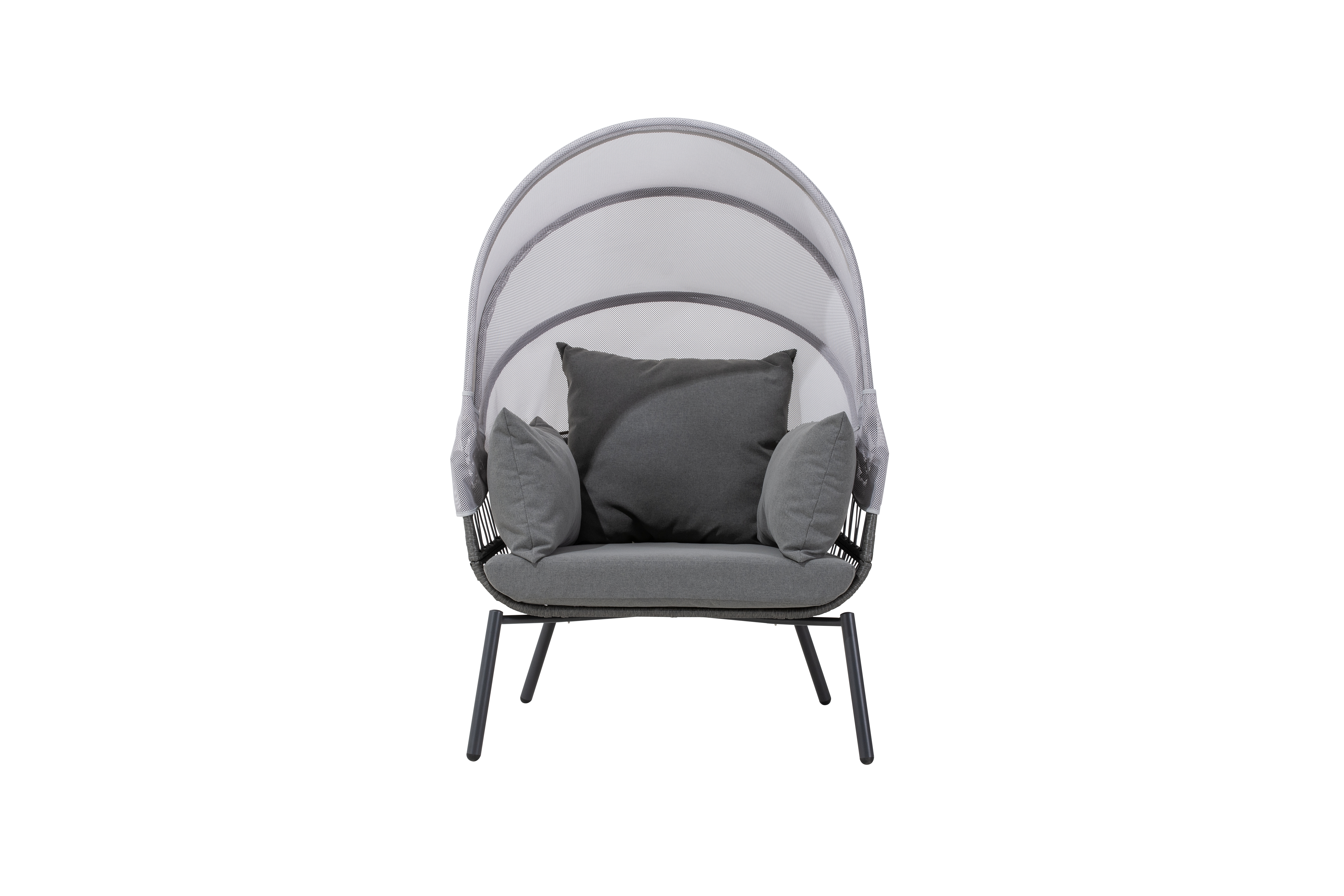 Grauer Outdoor-Sessel mit großem Rückenteil und drei Kissen, zwei kleinere seitlich und ein großes zentral.