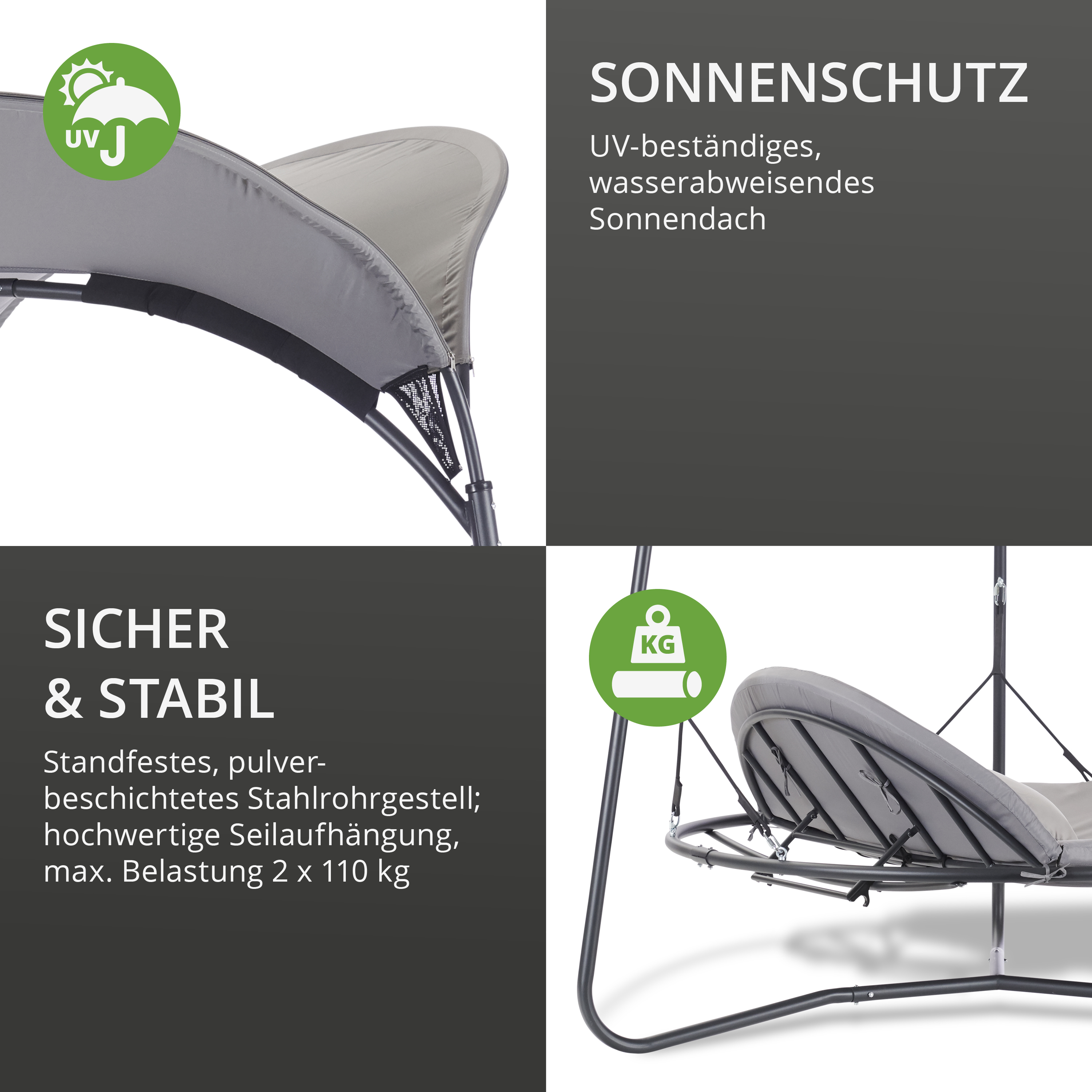 Schaukel mit UV-beständigem Sonnendach und stabilem Stahlrohrgestell, maximale Belastung 2 mal 110 kg.