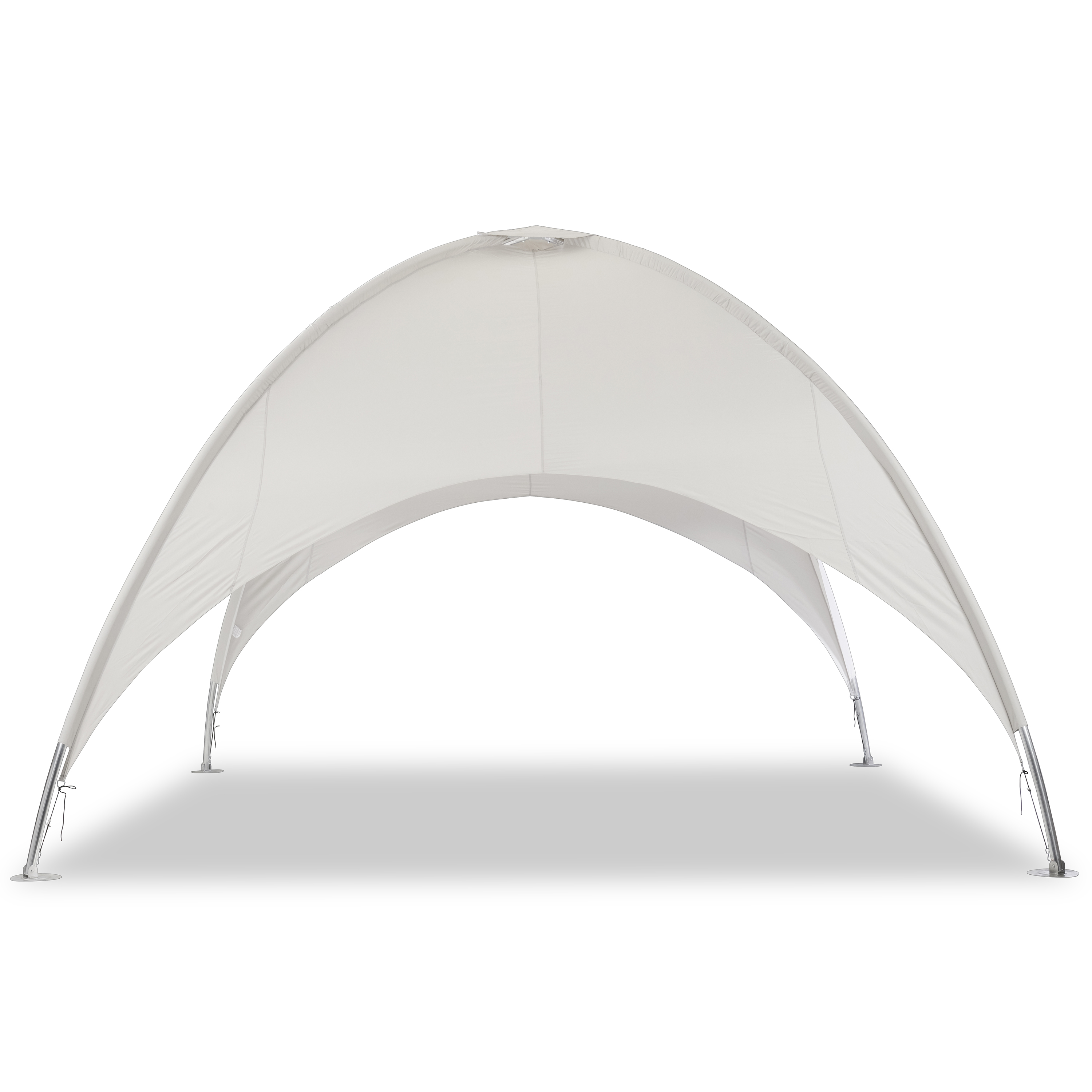 Großes, weißes Zelt mit gebogenem Dach und vier silbernen Stangen.