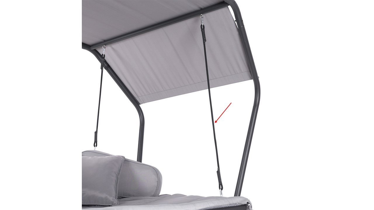 Garten-Himmelbett mit grauem Dach, Kissen und Seitenstange, an der ein Gurt befestigt ist.