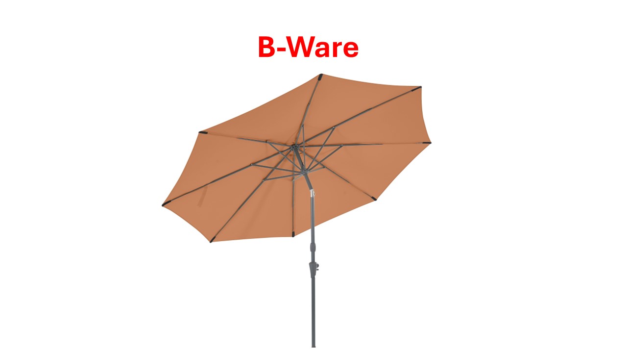 Brauner Sonnenschirm mit Knickfunktion, oben mit rotem Text 'B-Ware'.