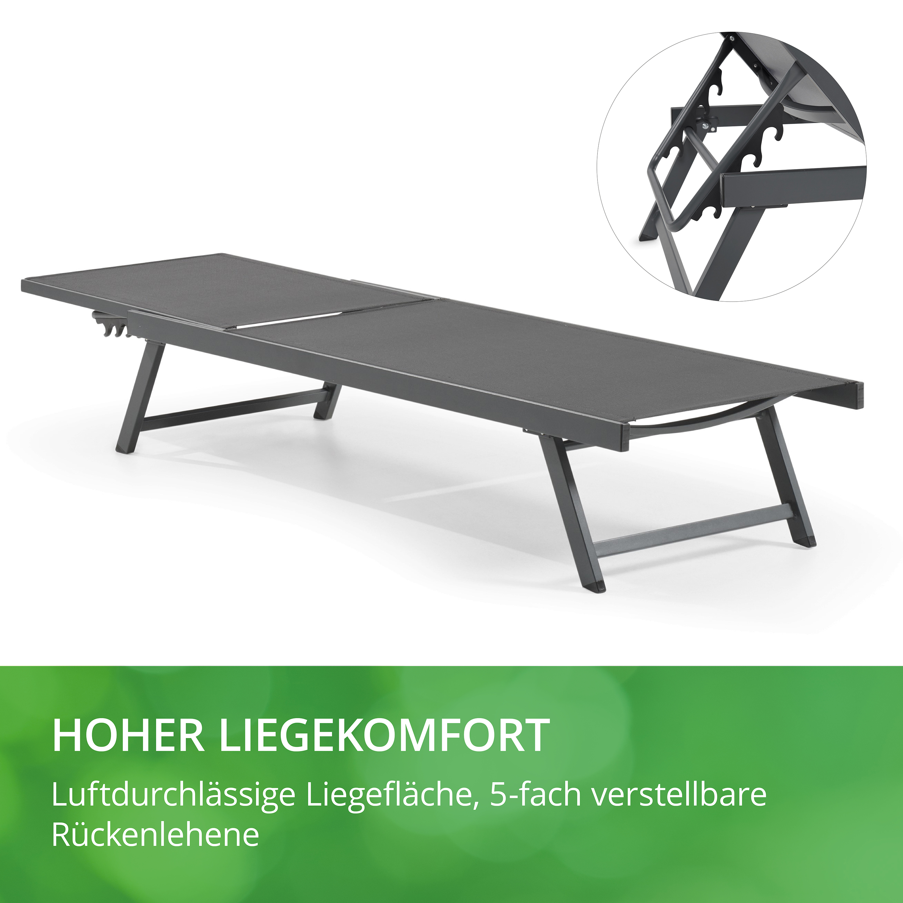 Liege mit luftdurchlässiger Fläche und 5-fach verstellbarer Rückenlehne auf grünem Hintergrund mit Text.
