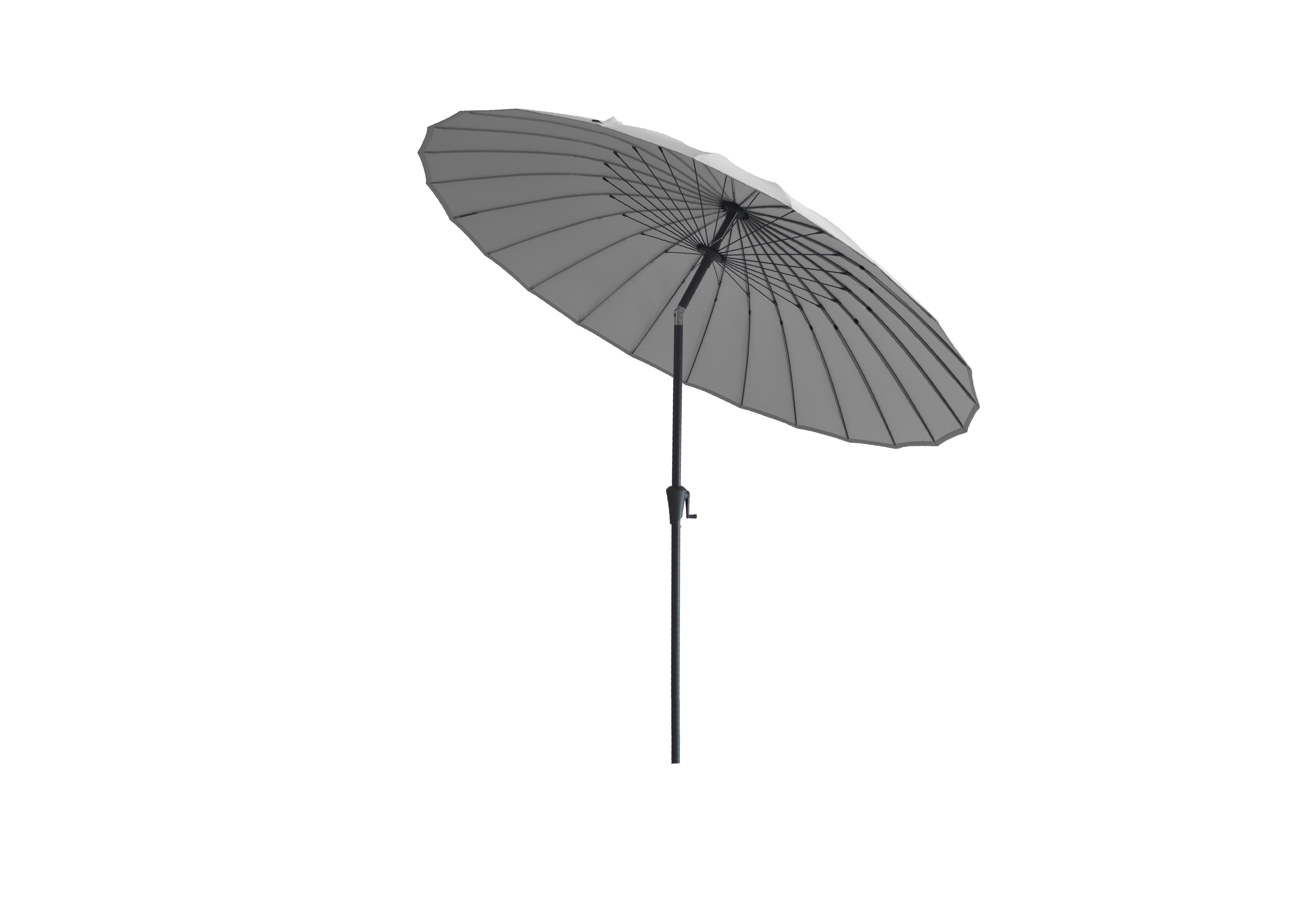 Grauer runder Sonnenschirm mit Metallstange, seitlich geneigt, vor weißem Hintergrund.
