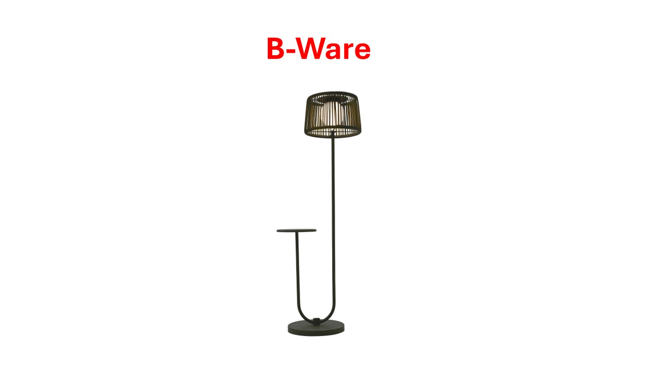 Stehlampe mit Ablagetisch B-Ware Kunststoffgeflecht lindgrün Stehlampe mit integriertem kleinen Tisch, brauner Lampenschirm, Text 'B-Ware' oben.