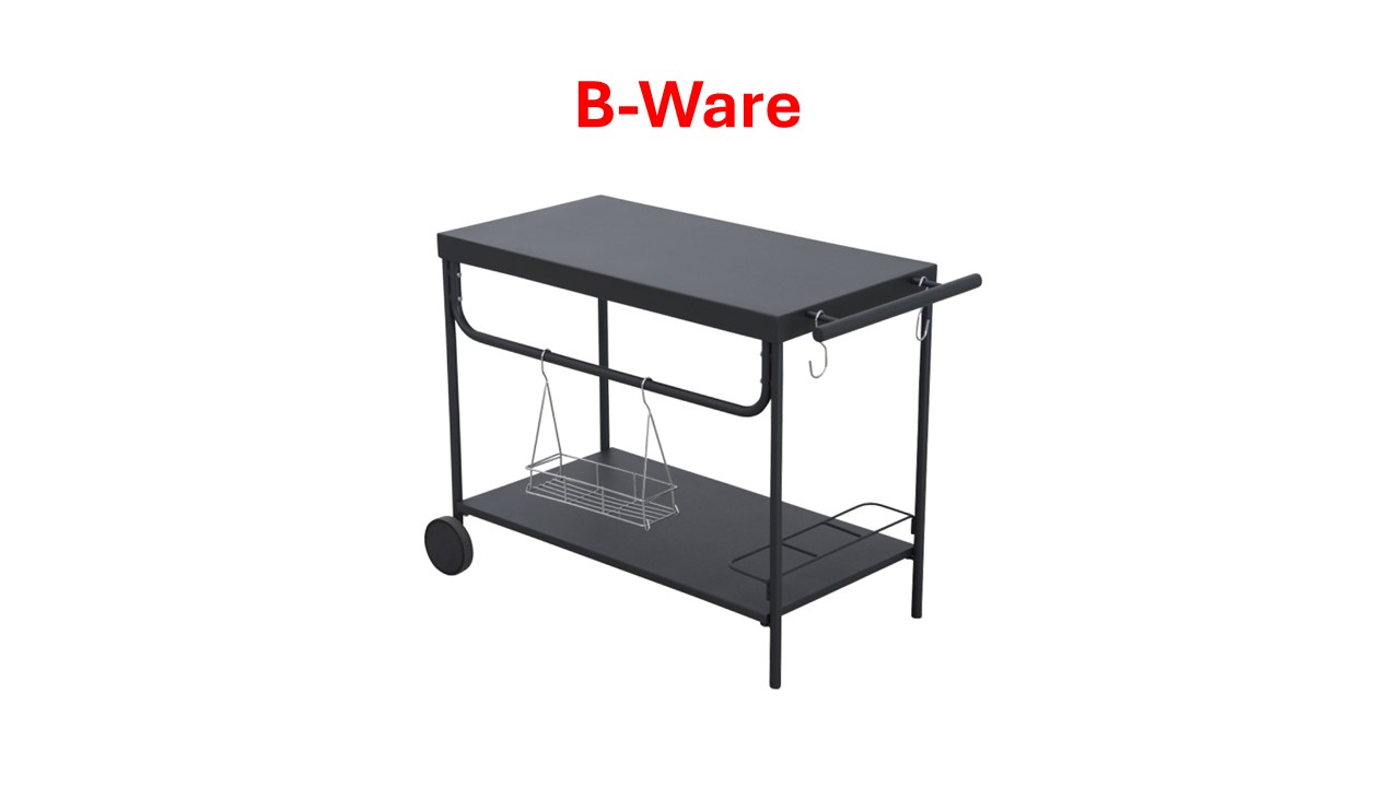 Schwarzer Grillwagen mit zwei Rädern, Ablage, Haken und Körben. Text 'B-Ware' oben im Bild.