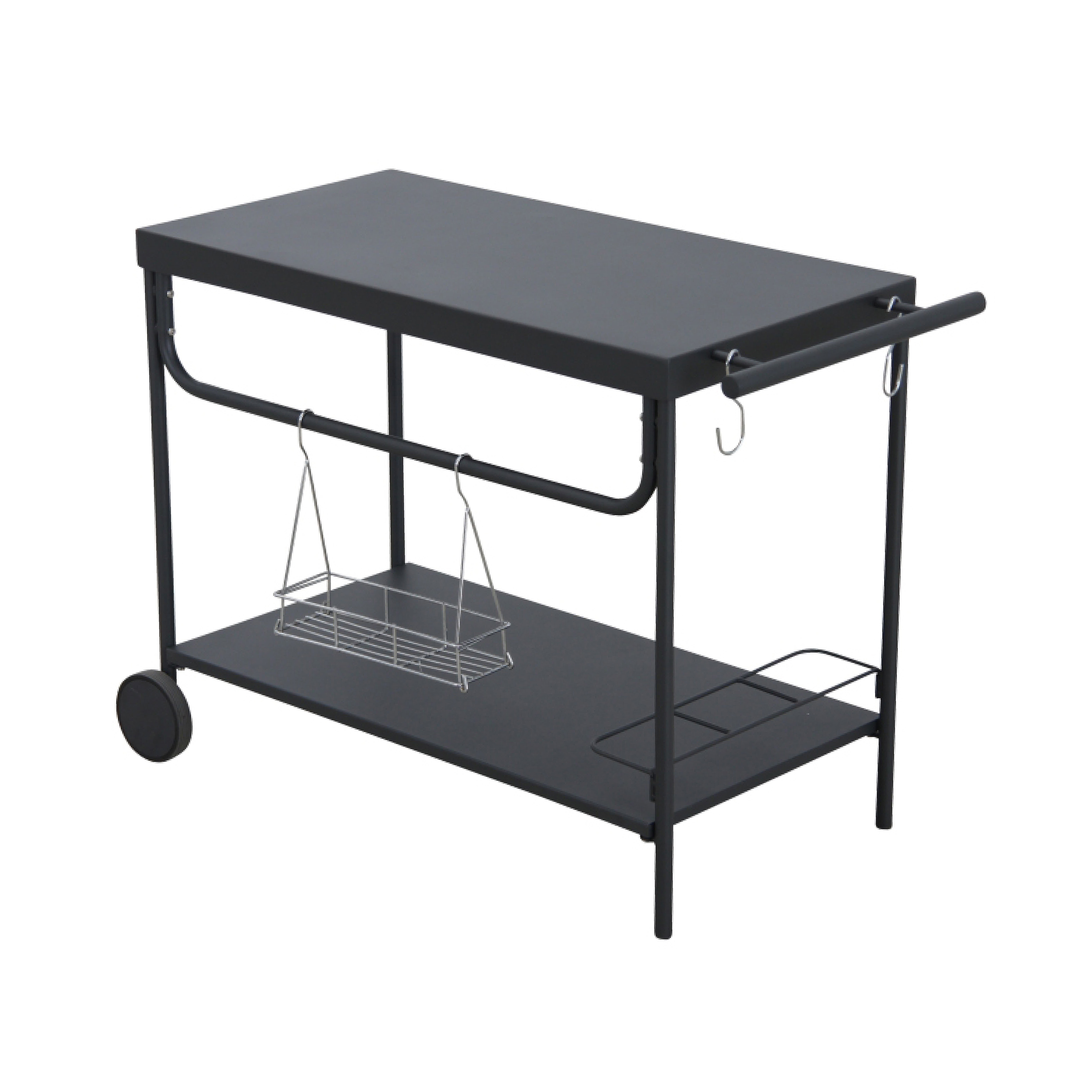 Grill-Serviertisch 100x47x73 cm Anthrazit, mit Rollen und Zubehör Metall-Servierwagen mit zwei Rädern, unterem Gitterfach und Haken an der Seite.