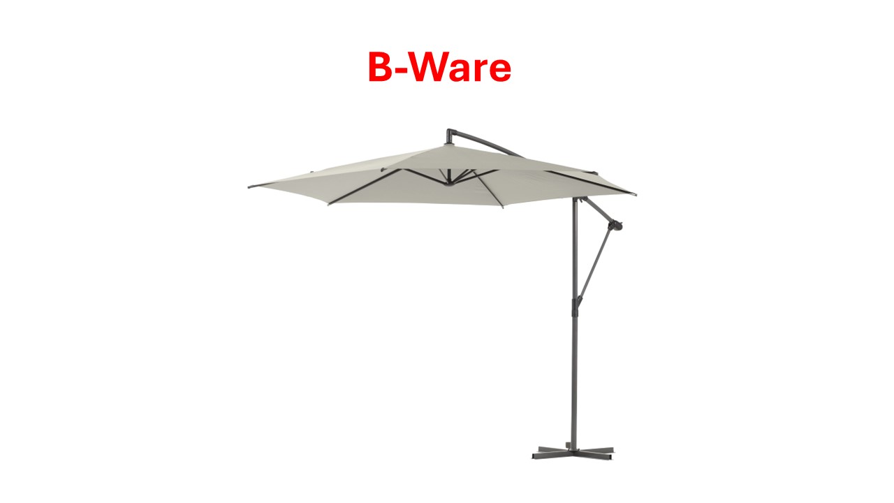 Freistehender grauer Sonnenschirm mit seitlichem Ständer. Überschrift: B-Ware.