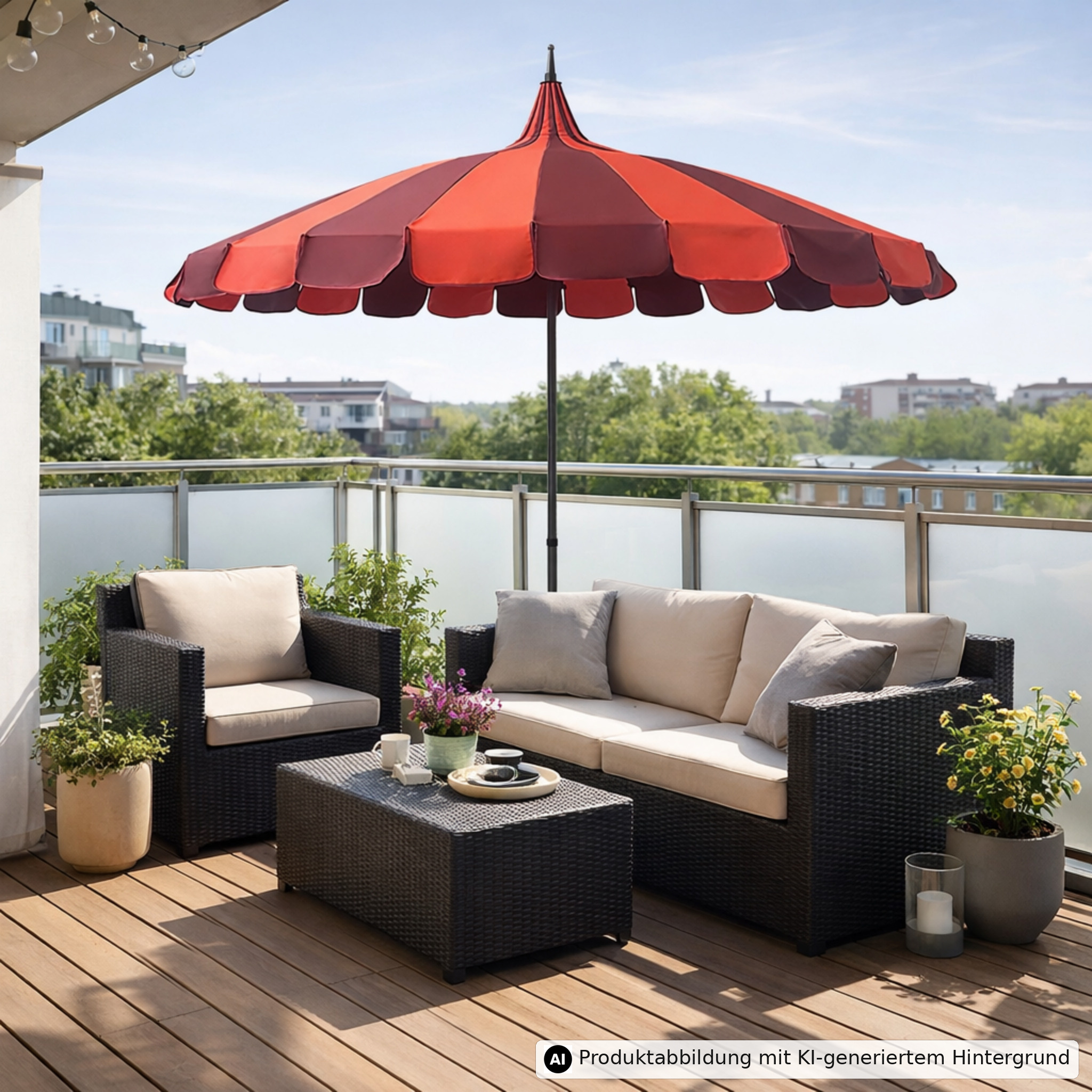 Terrasse mit Rattansofa, Stühlen, Tisch und rotem Sonnenschirm, umgeben von Pflanzen und mit Stadtblick.