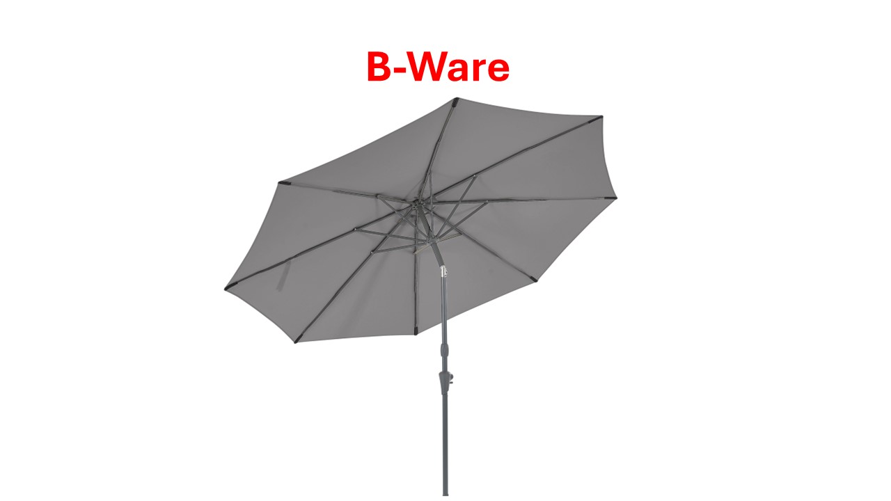 Grauer Sonnenschirm mit der Aufschrift 'B-Ware' in roter Schrift darüber.