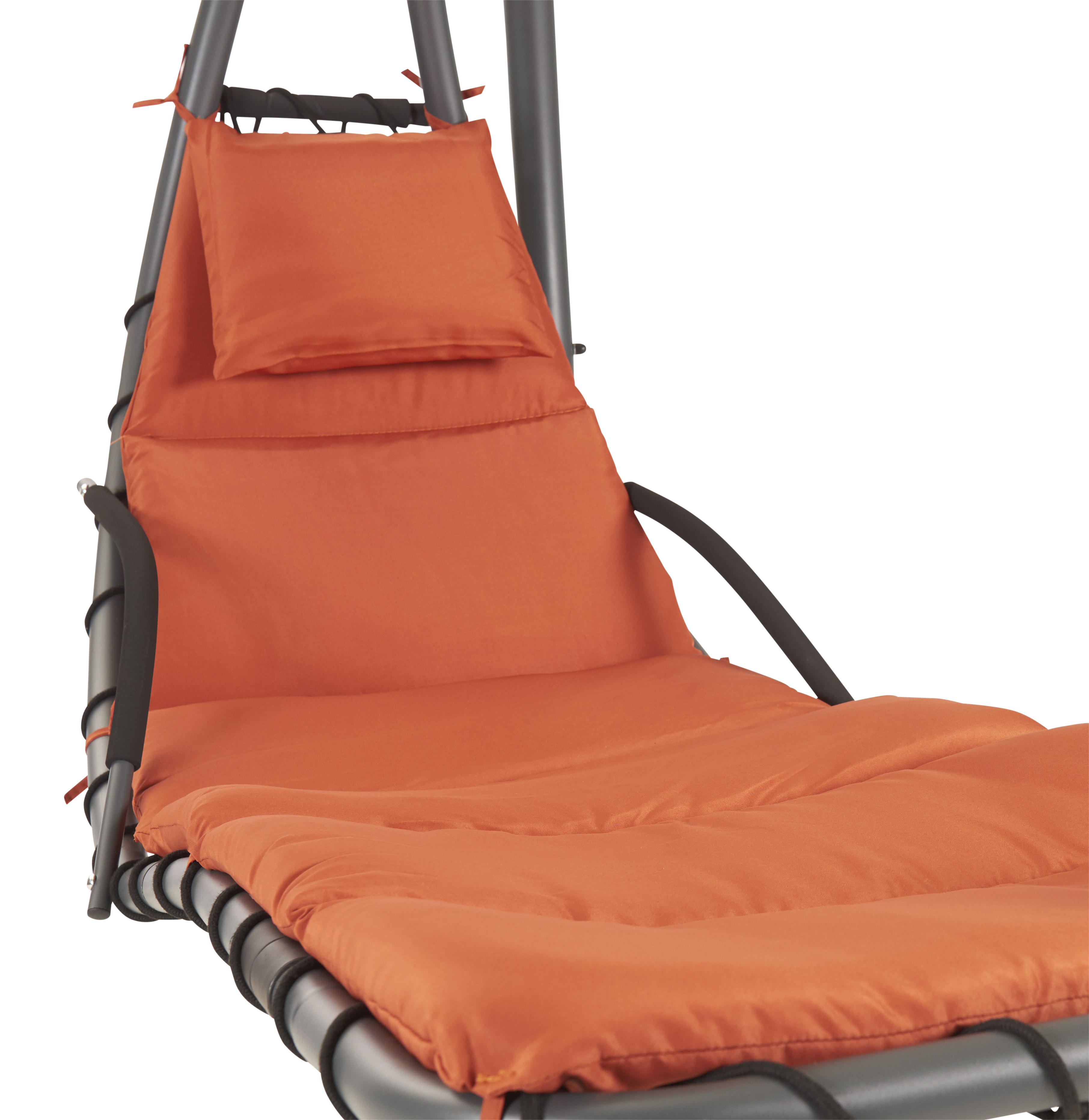Orange gepolsterte Liege mit Kopfstütze auf einem grauen Metallrahmen.