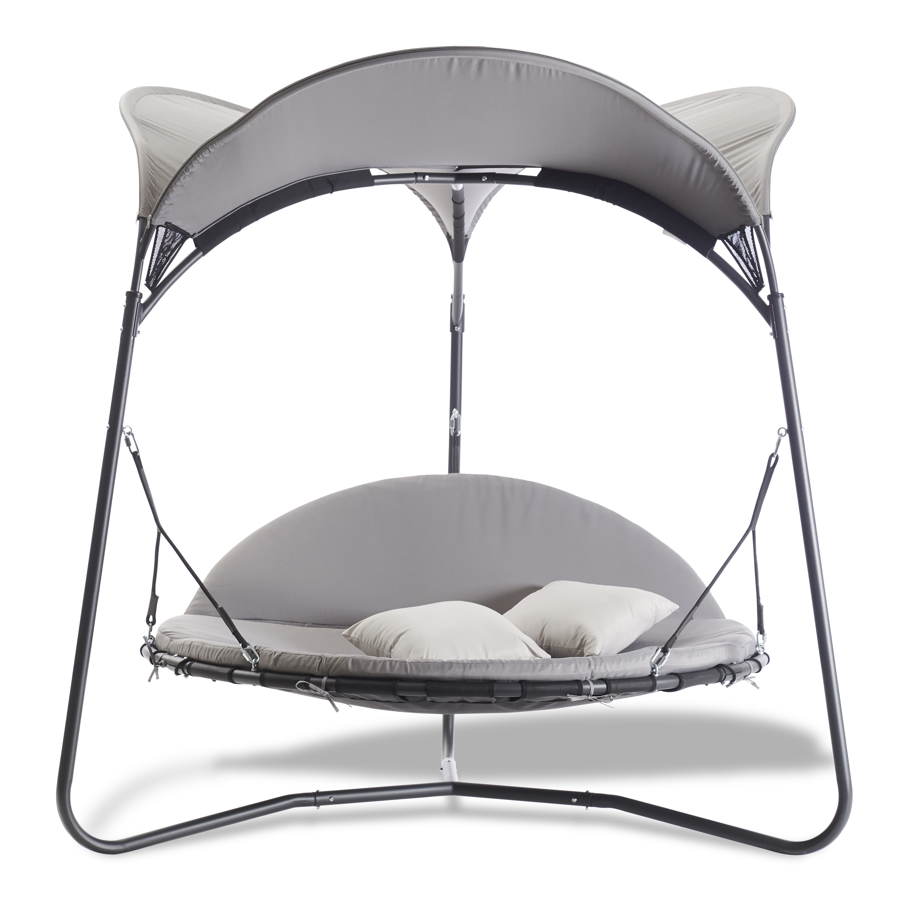 Runde Hängeliege mit grauem Dach und Kissen auf einem Metallgestell.