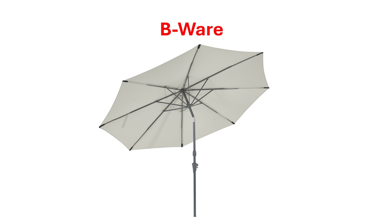 Beiger Sonnenschirm mit grauem Mast, darüber roter Text 'B-Ware'