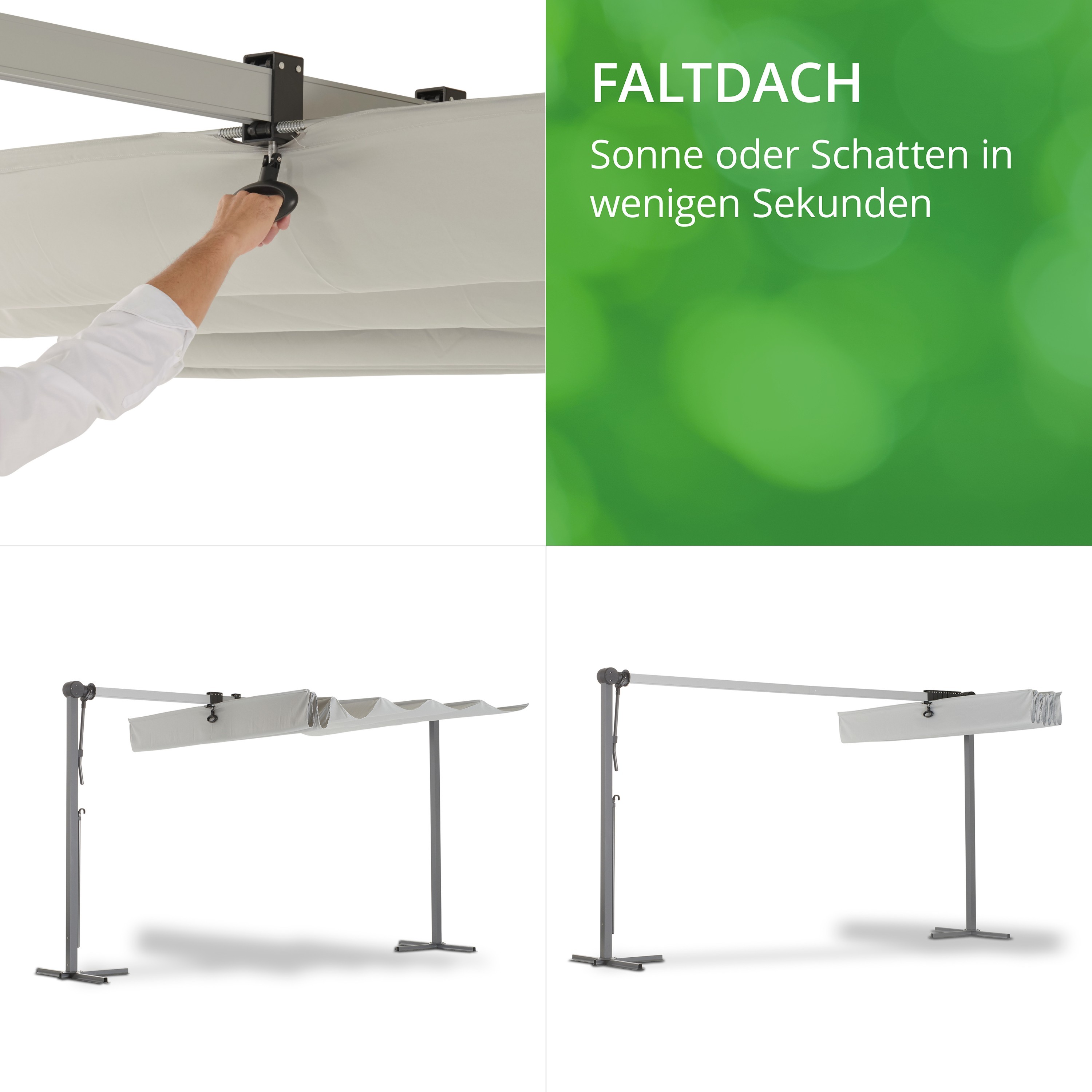 Bewegliches Faltdach, das an einer Halterung befestigt ist, bietet schnellen Sonnen- oder Schattenschutz.