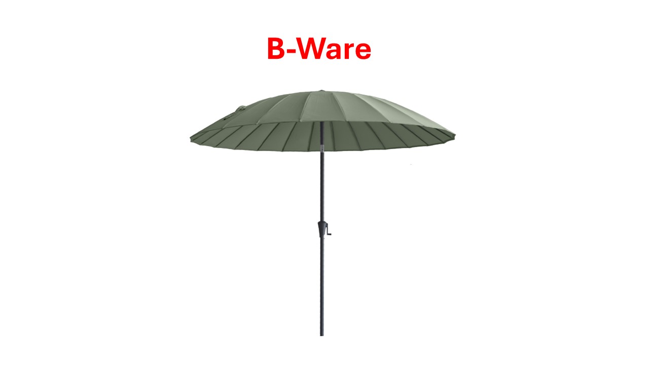 Großer grüner Sonnenschirm mit Knickfunktion, gekennzeichnet als B-Ware.