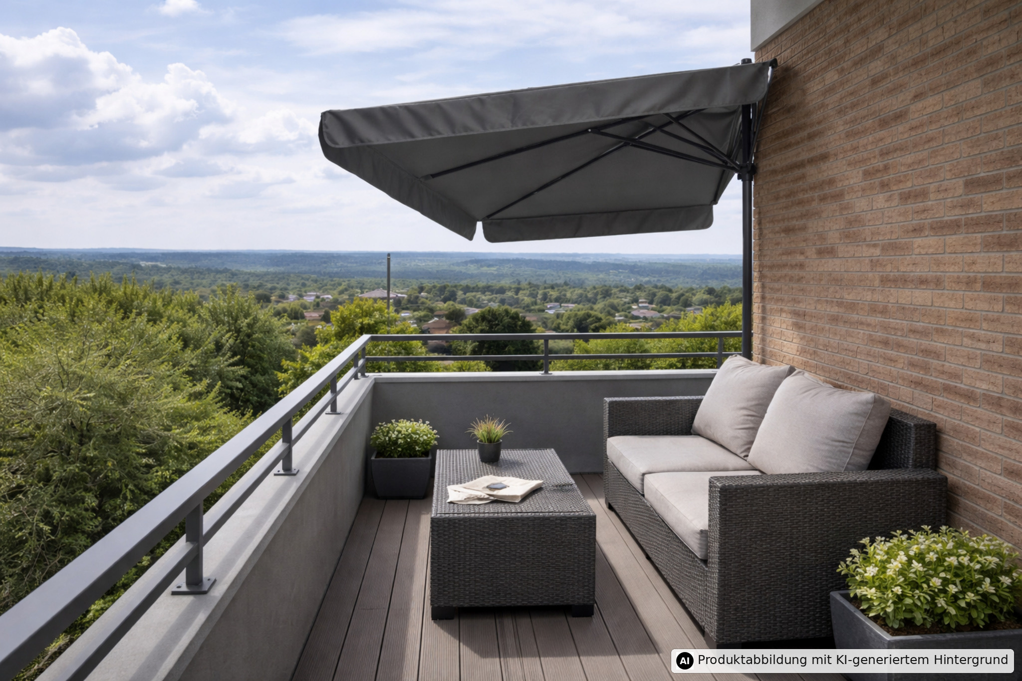 Moderne Terrasse mit Sofa, Tisch, Pflanzen und einer Aussicht auf grüne Landschaft unter blauem Himmel.