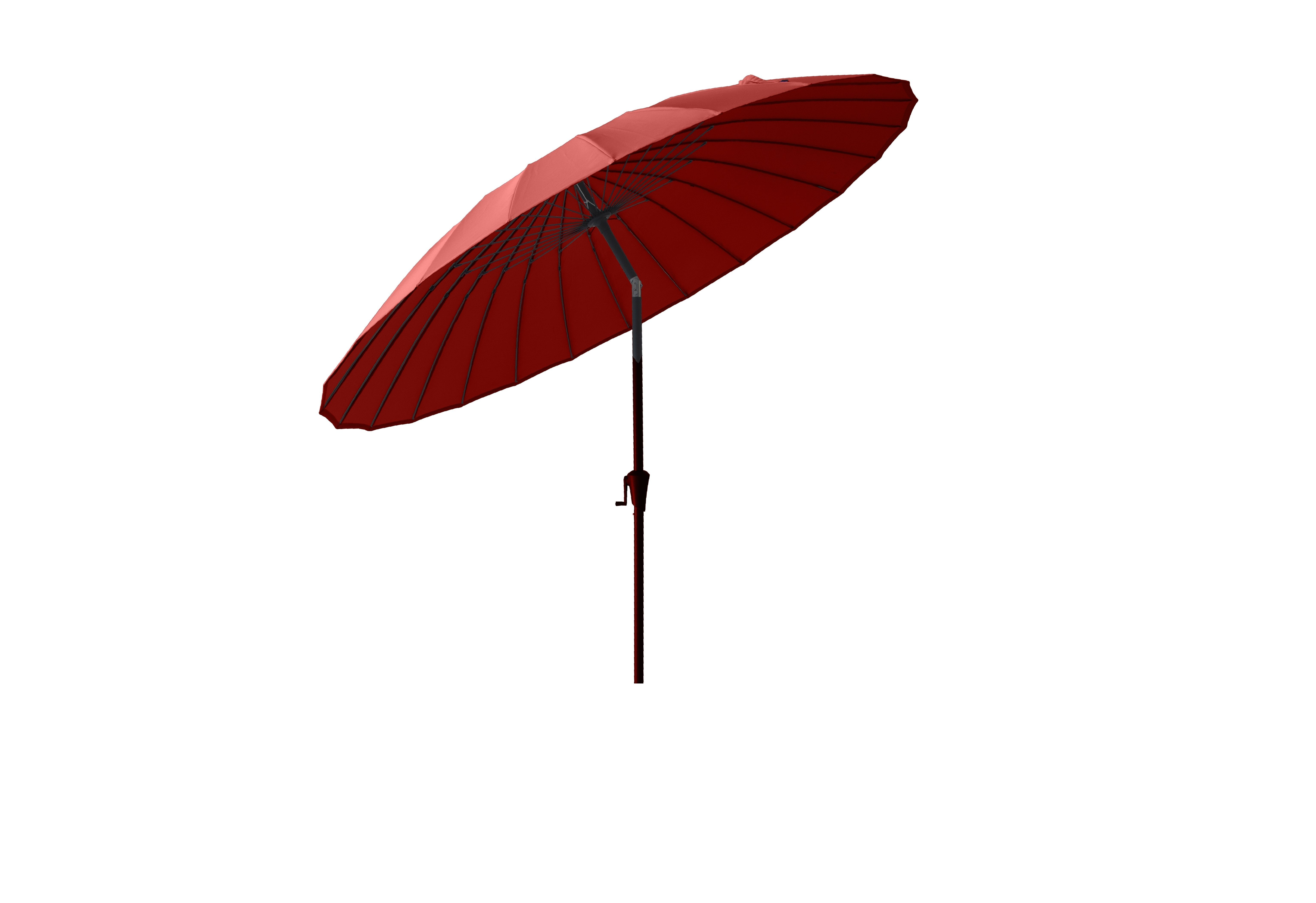 Roter Sonnenschirm mit Metallgestell und Kurbel, geöffnet geneigt.