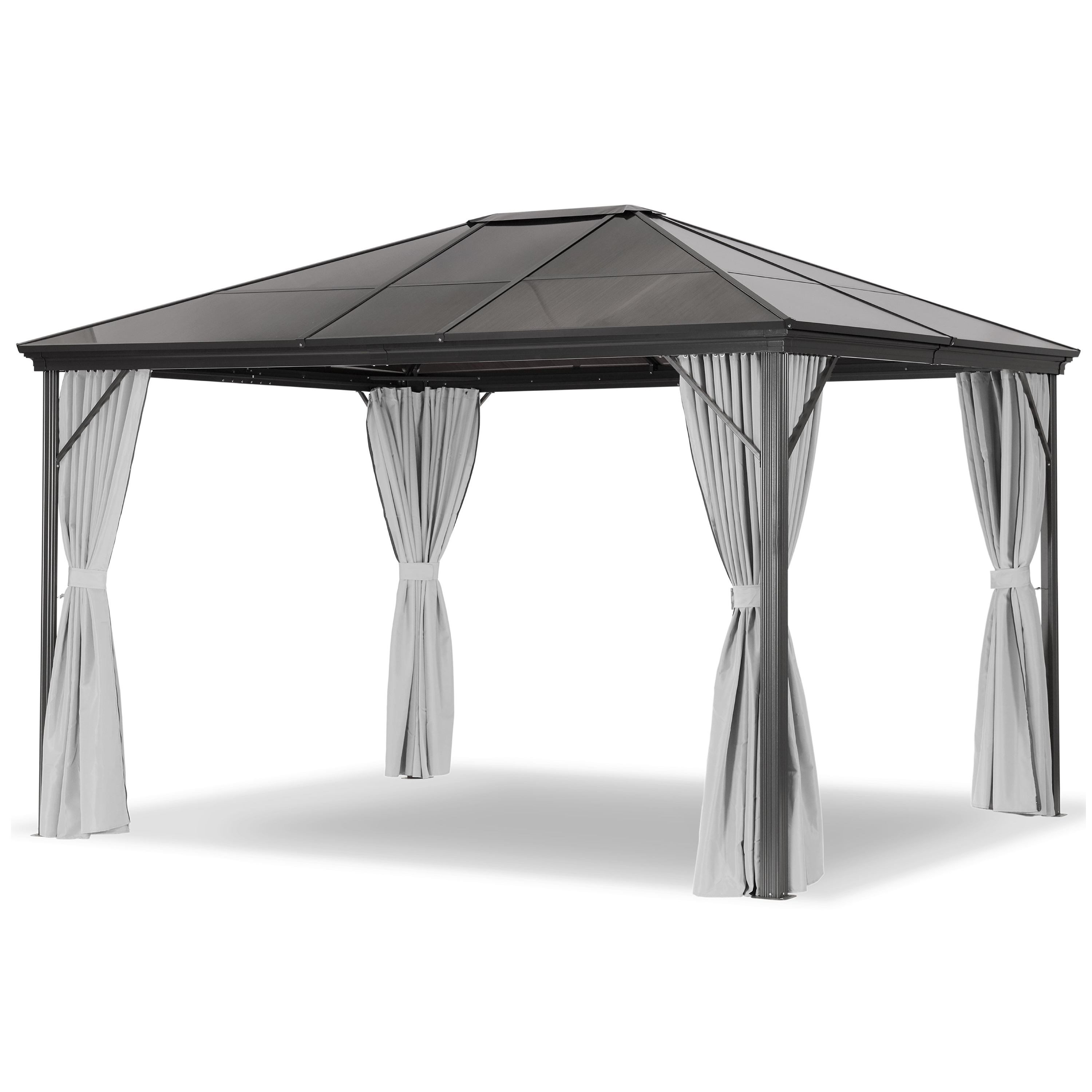 Quadratischer Pavillon mit grauem Metalldach und vier hängenden, hellgrauen Vorhängen.
