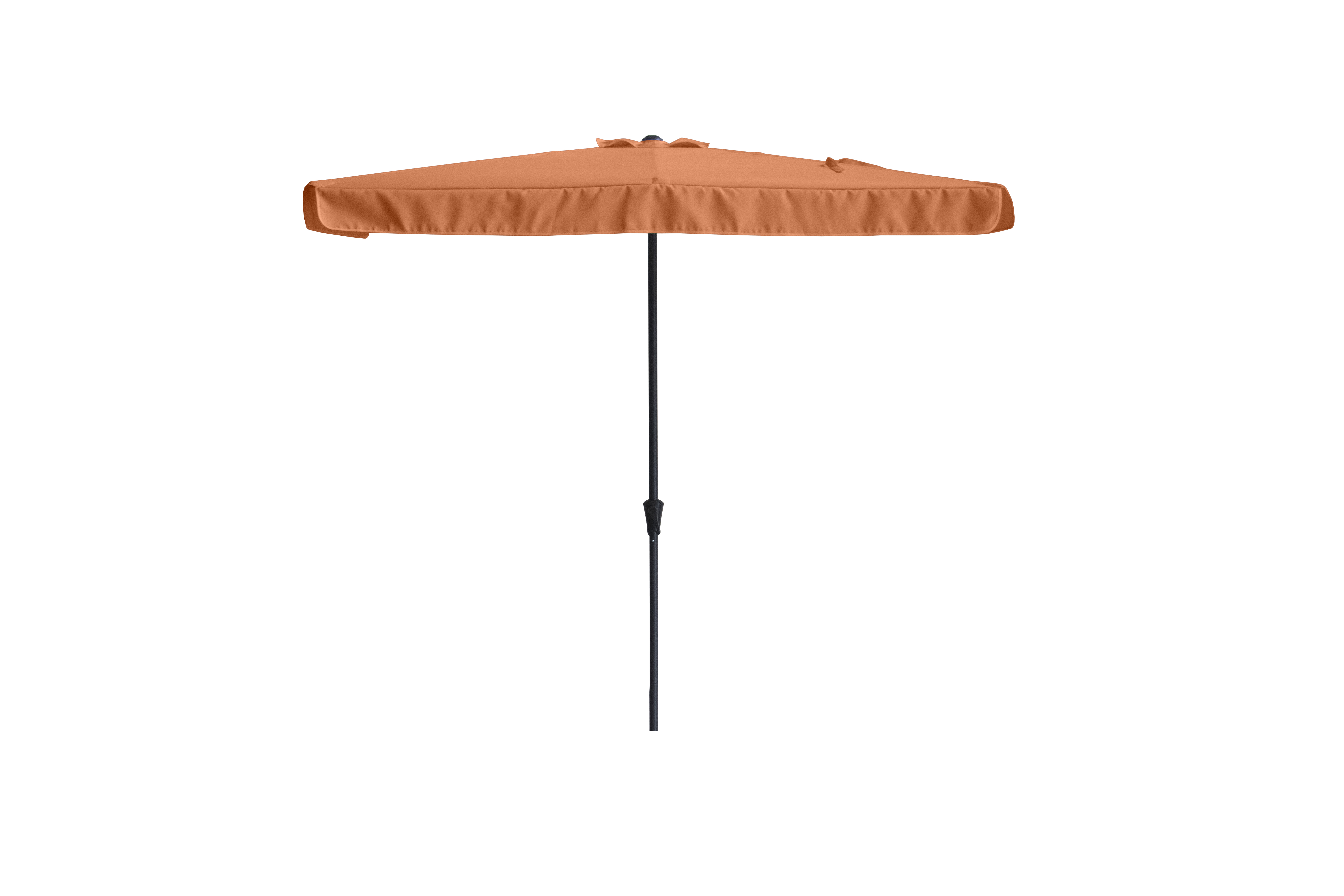 Orangefarbener Sonnenschirm mit schwarzem Stiel, seitlich gesehen.