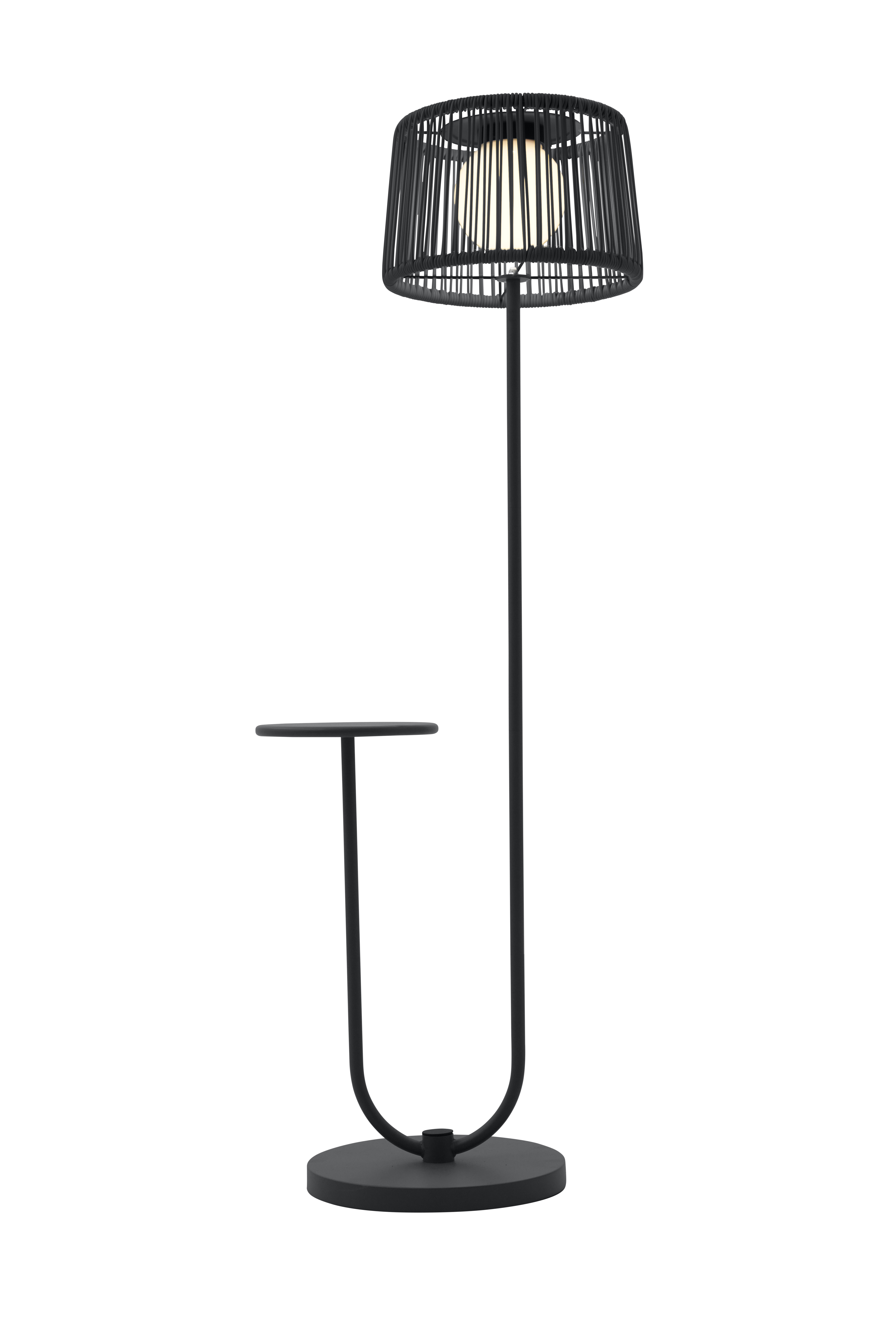 Stehlampe mit Ablagetisch Kunststoffgeflecht anthrazit Schwarze Stehlampe mit dünnem Rahmen und runden, gestreiften Lampenschirm. Integrierter, kleiner seitlicher Tisch.