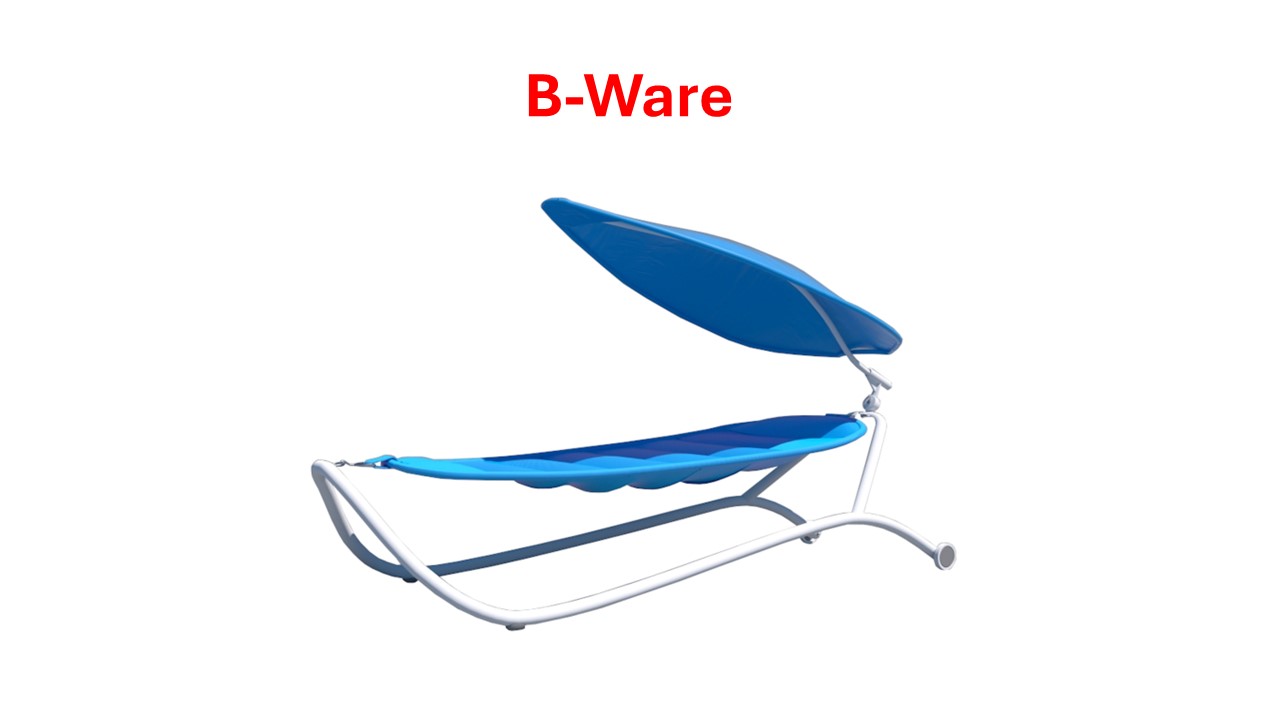 Luxus-Hängematte GLORIA blau B-Ware mit Stahlrohrgestell weiß Blaue Liege mit weißem Rahmen und verstellbarem Sonnendach, beschriftet mit 'B-Ware' in roter Schrift.