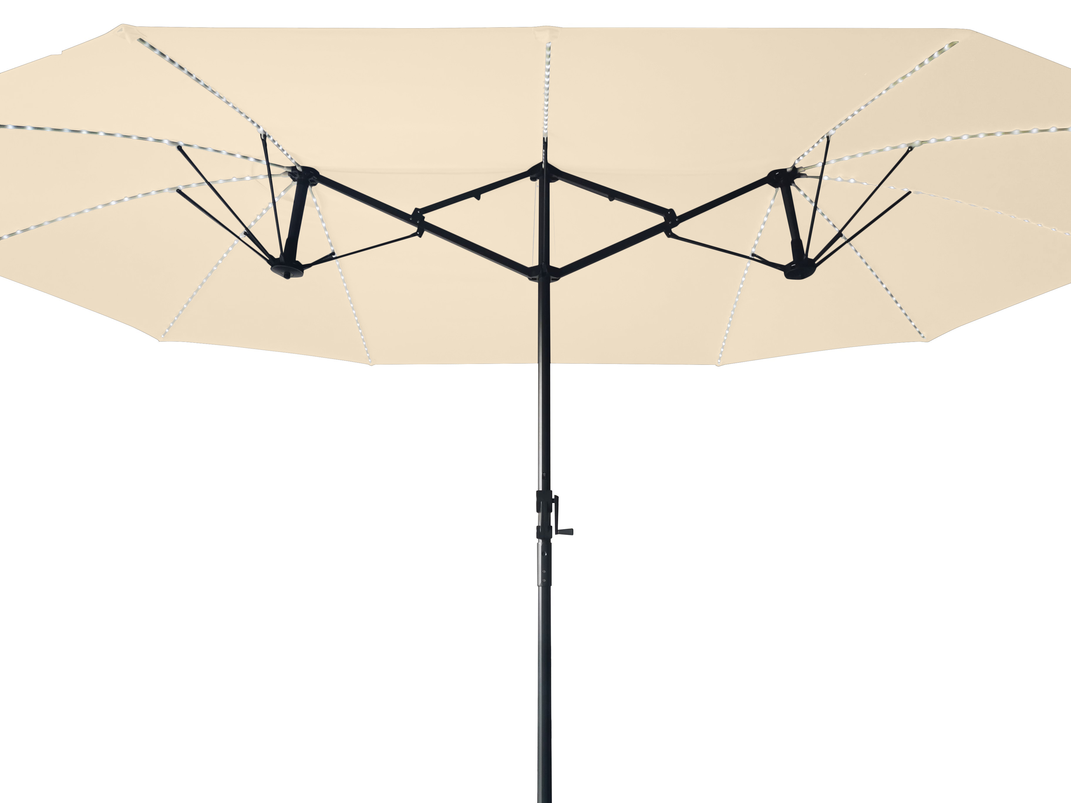 Doppelsonnenschirm in Beige mit LED-Beleuchtung und Handkurbel, schwarzes Gestell.