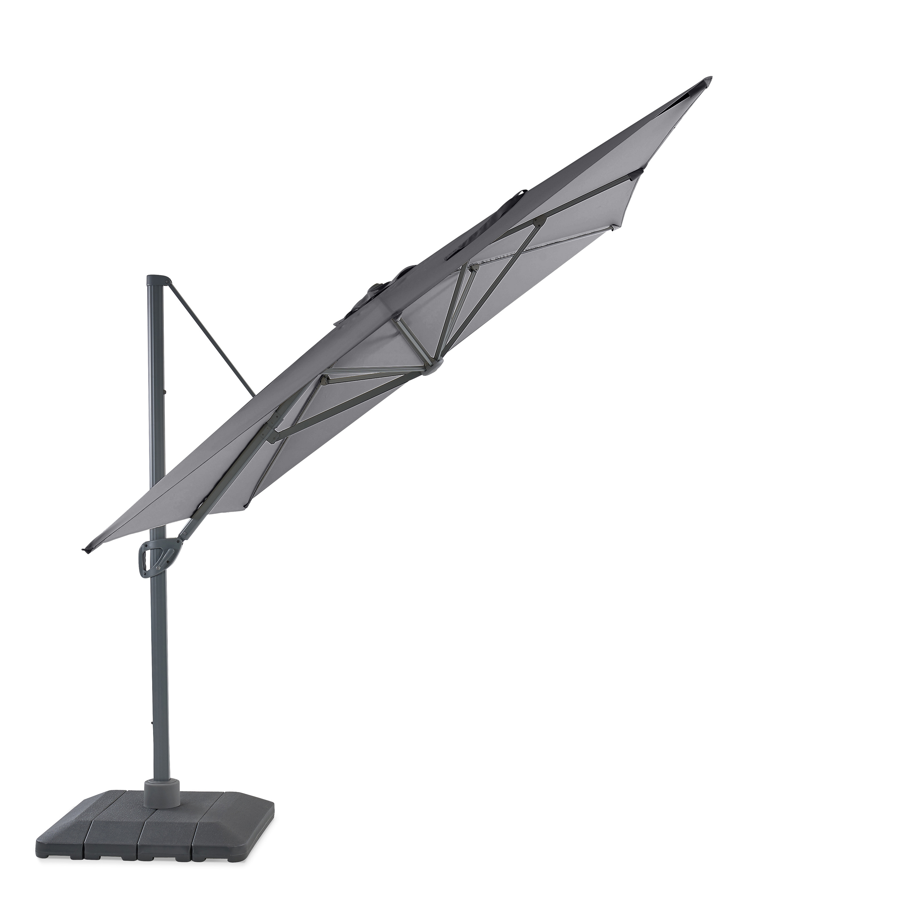 Grauer, neigbarer Sonnenschirm mit eckigem Standfuß, seitlich abgebildet.