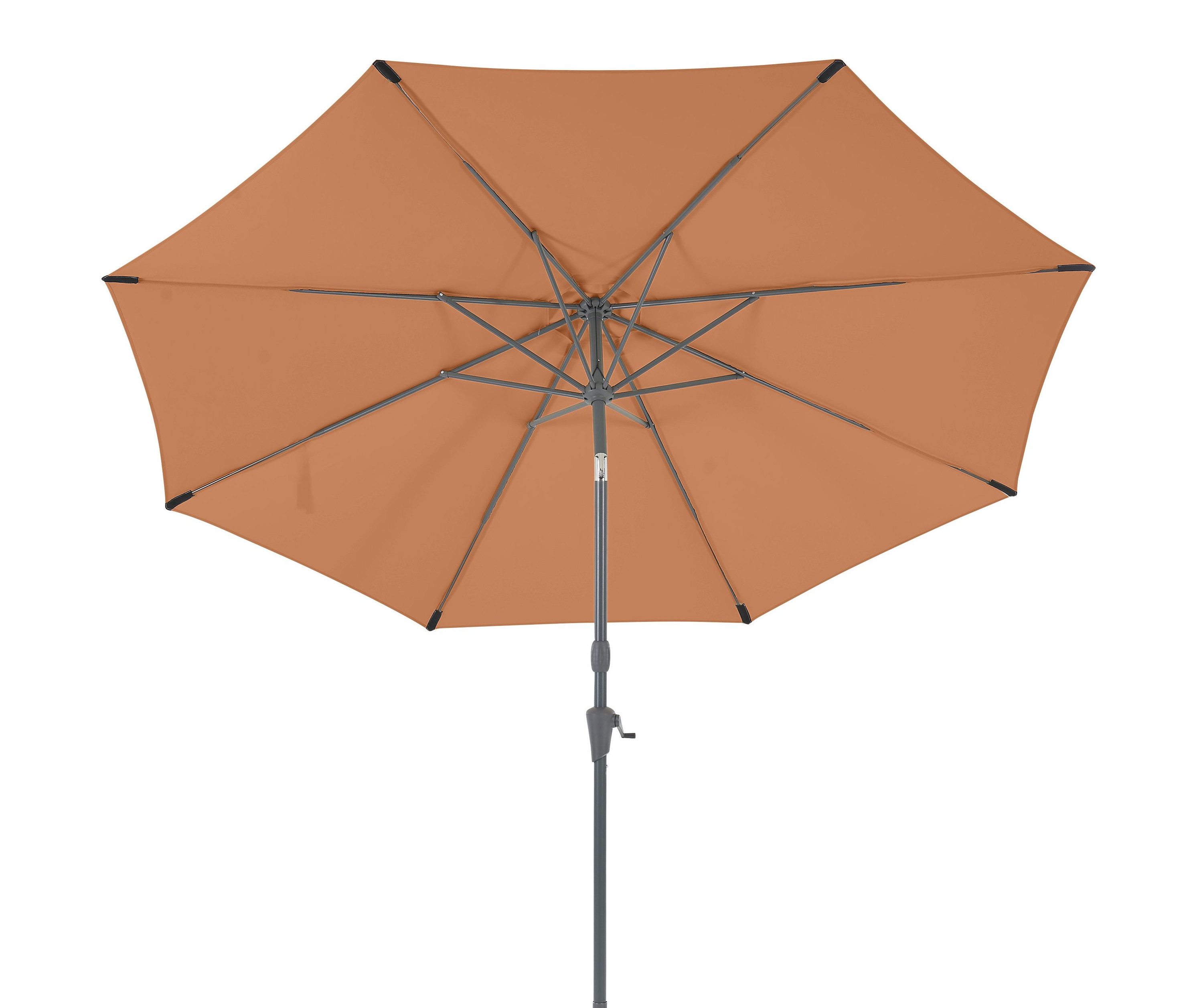 Orangefarbener Sonnenschirm mit schwarzem metallischen Gestell und Kurbel zum Öffnen.