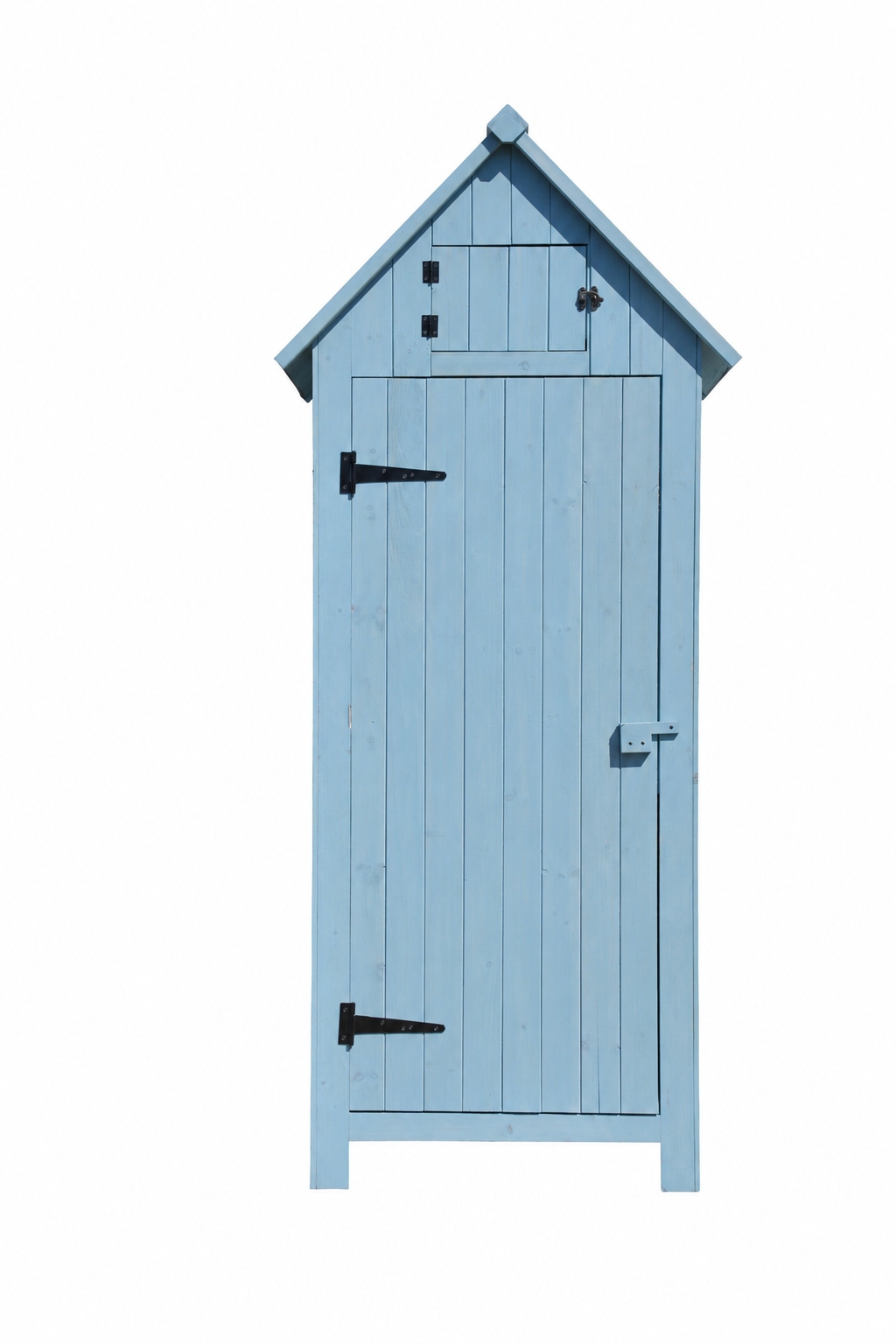 Hellblau gestrichener Holzschrank mit geneigtem Dach und Tür mit schwarzem Scharnier und Verschluss.