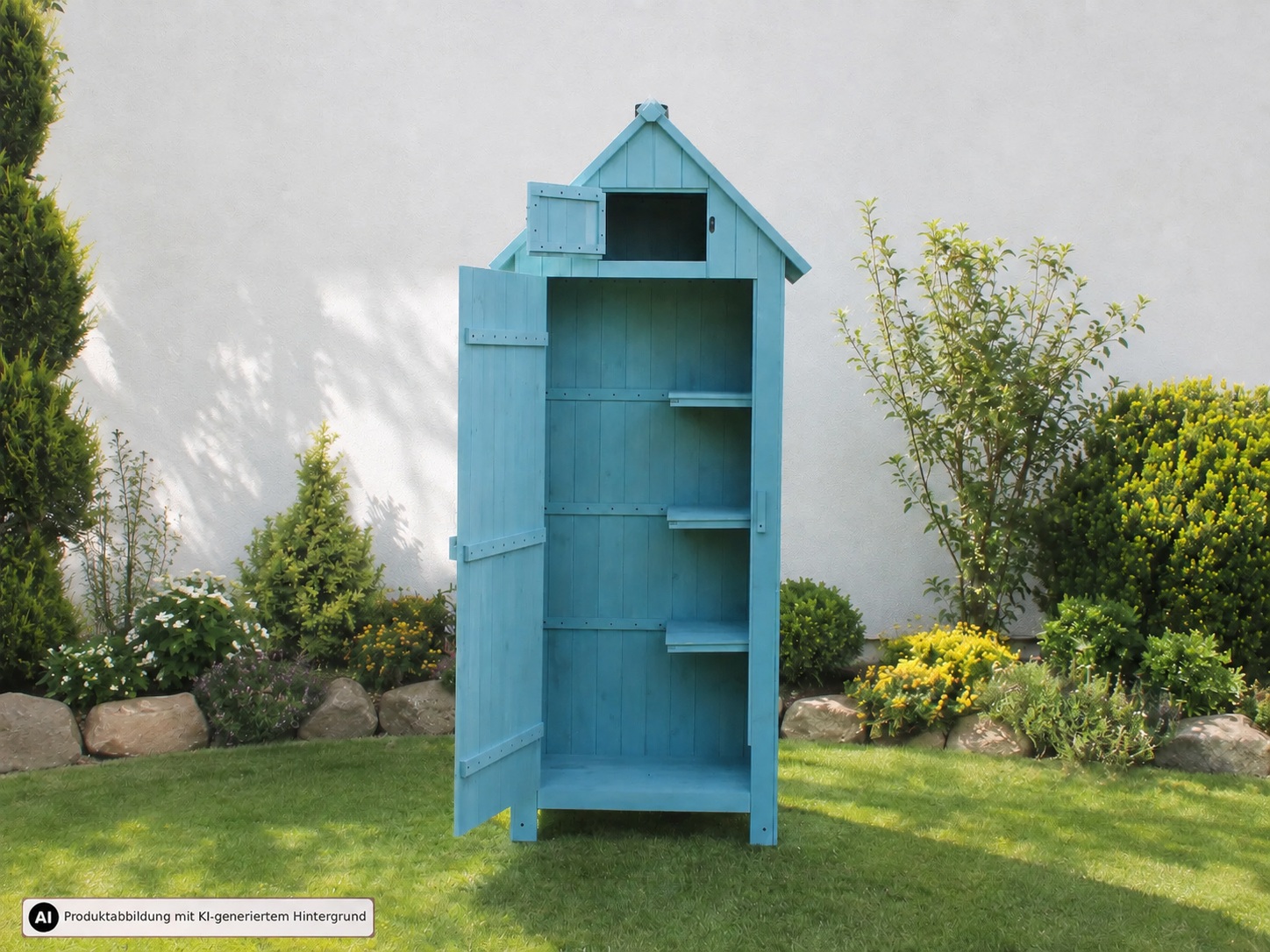 Türkisfarbener Gartenschrank im Garten, halb geöffnet, mit Pflanzen im Hintergrund.