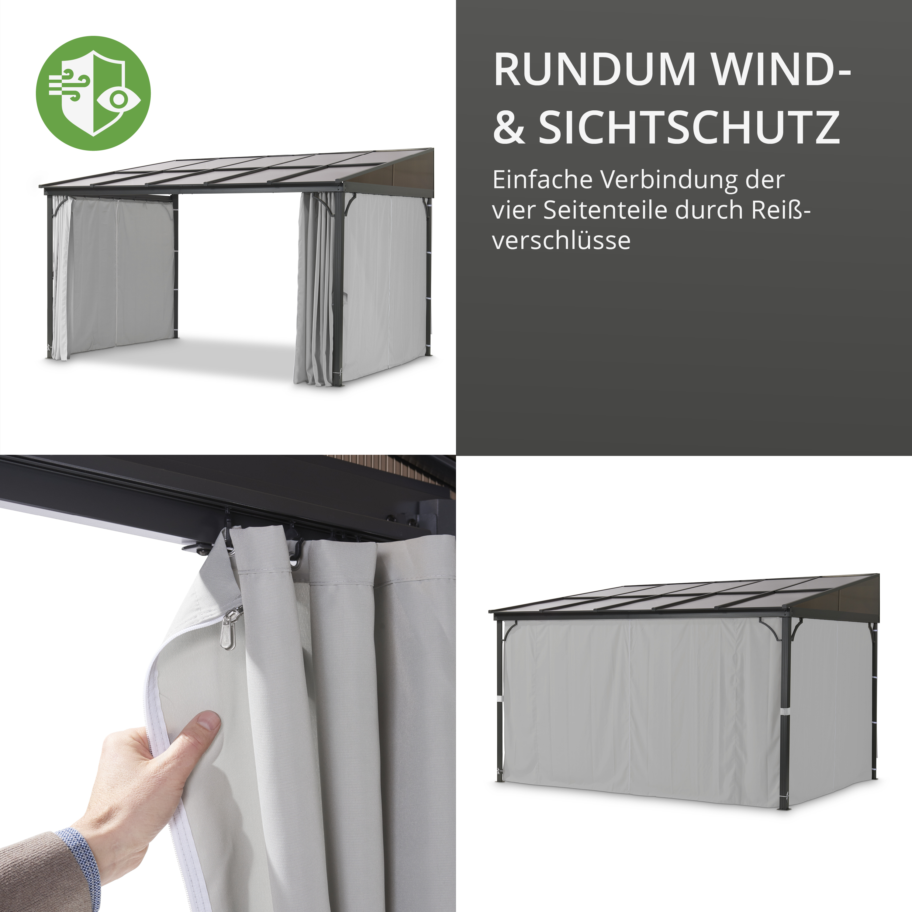 Unterstand mit Seitenteilen und Reißverschlüssen als Rundum Wind- und Sichtschutz.