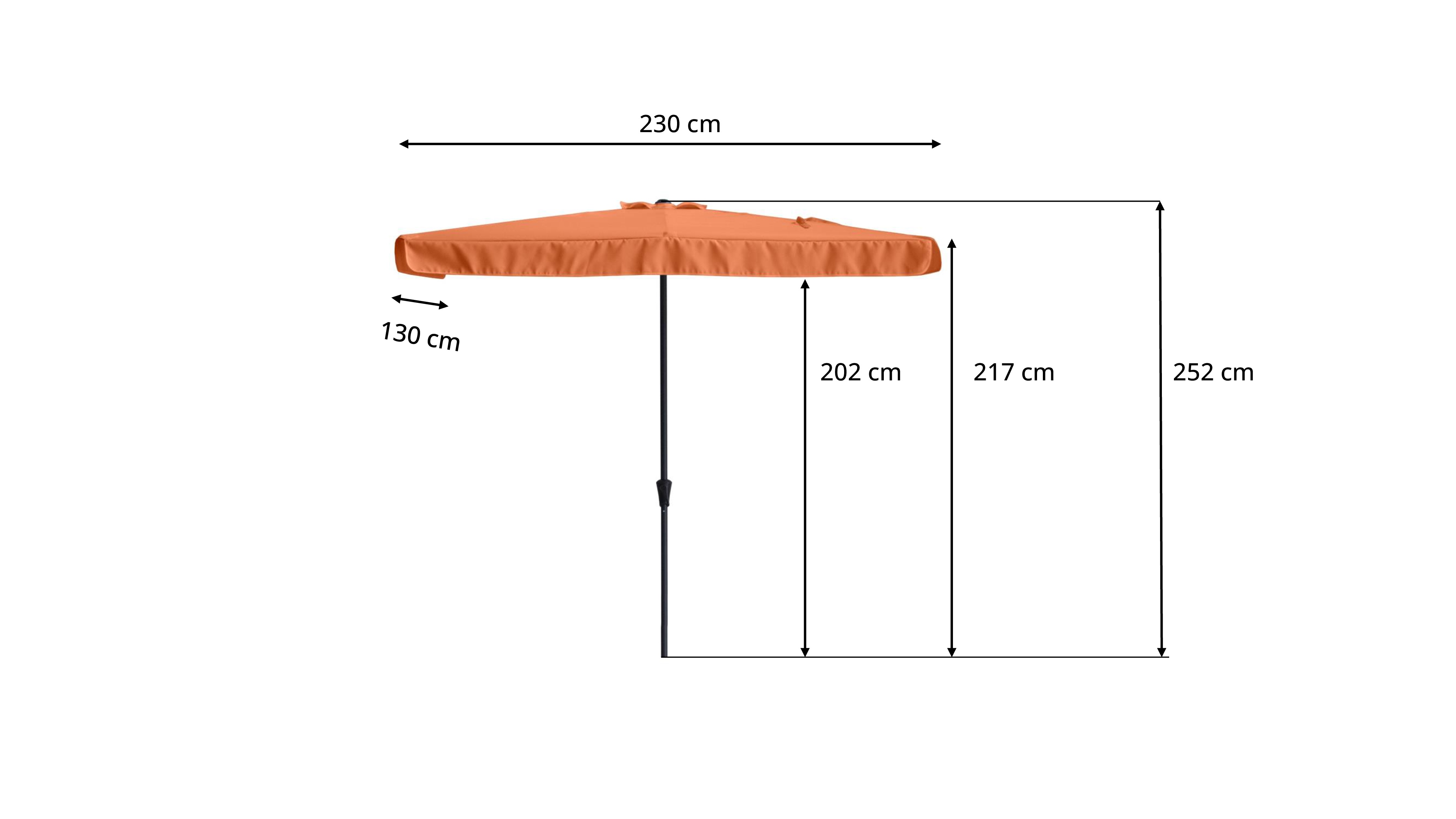 Orangefarbener Sonnenschirm mit Maßen: Breite 230 cm, Tiefe 130 cm, Höhen 202 cm, 217 cm, 252 cm.