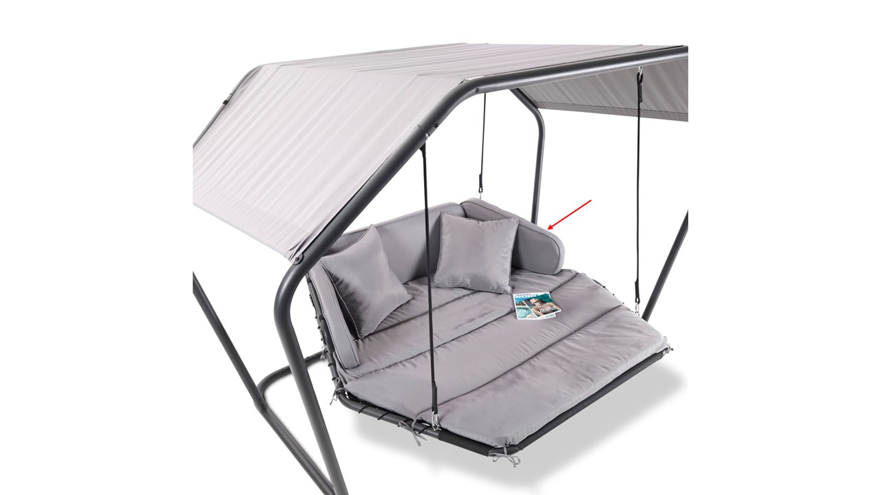 Graue Gartenschaukel mit Kissen und Dach, Magazin auf Sitzfläche.