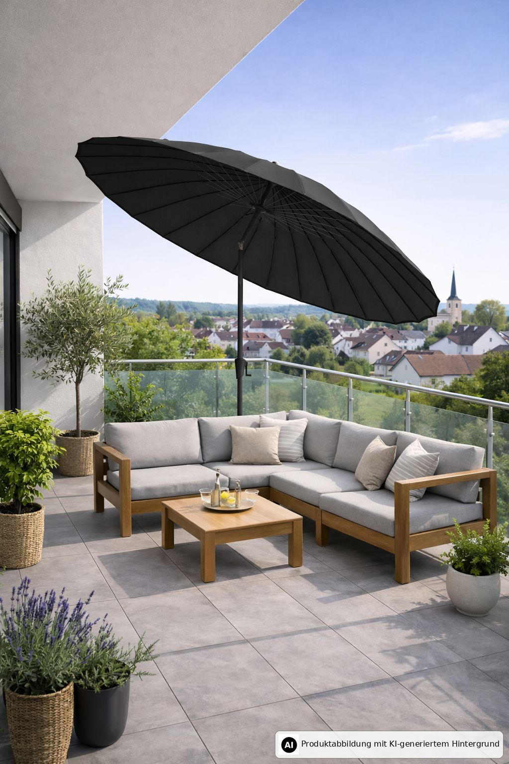 Moderne Terrasse mit grauem Sofa, Holztisch, Pflanzen in Töpfen und schwarzem Sonnenschirm, Blick auf Dorf und Kirche.